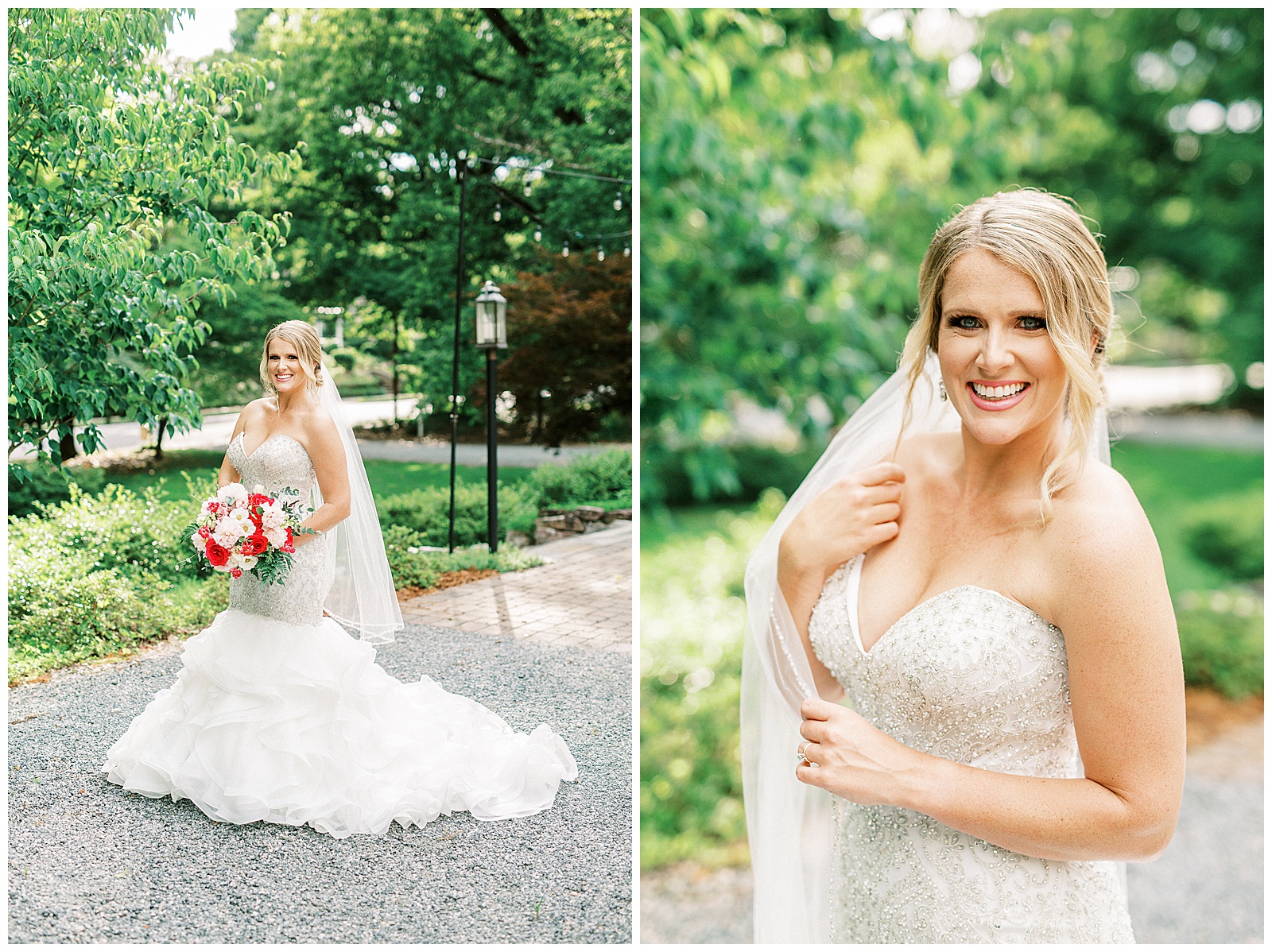 gorgeous blonde haired bride with mermaid dress and fluffy tulle skirt in outdoor bridal portraits