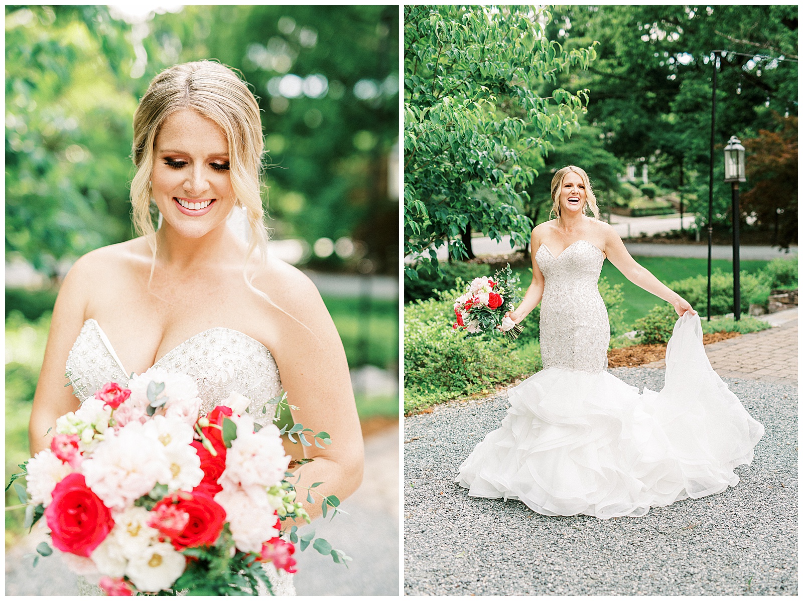 gorgeous blonde haired bride with mermaid dress and fluffy tulle skirt and white and red bouquet in outdoor bridal portraits