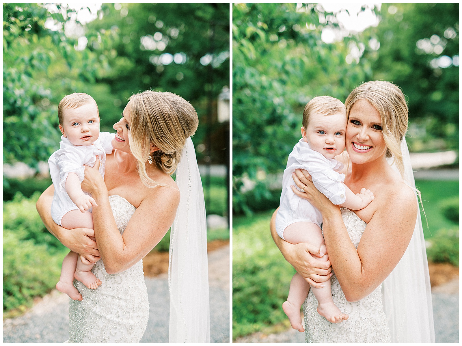 gorgeous blonde haired hugs sweet baby son in outdoor bridal portraits