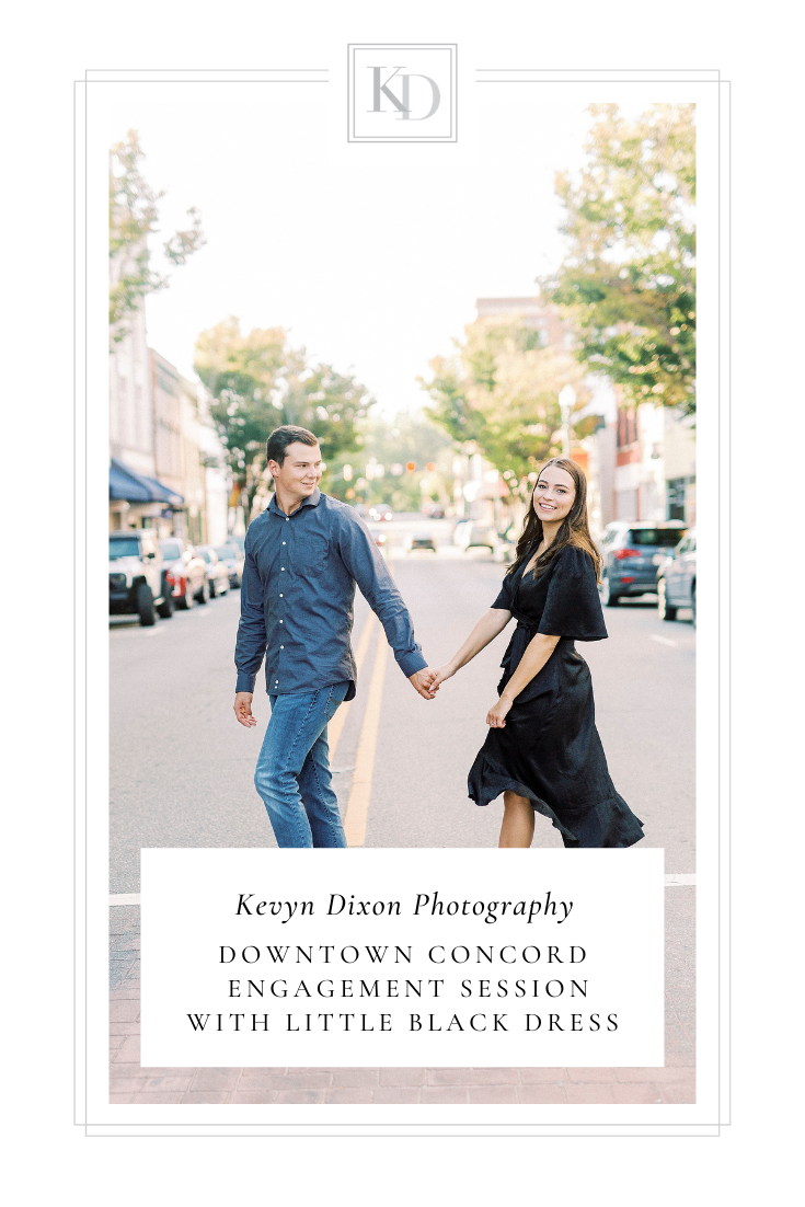 Downtown Concord engagement session with classy black dress for bride photographed by NC wedding photographer Kevyn Dixon Photography