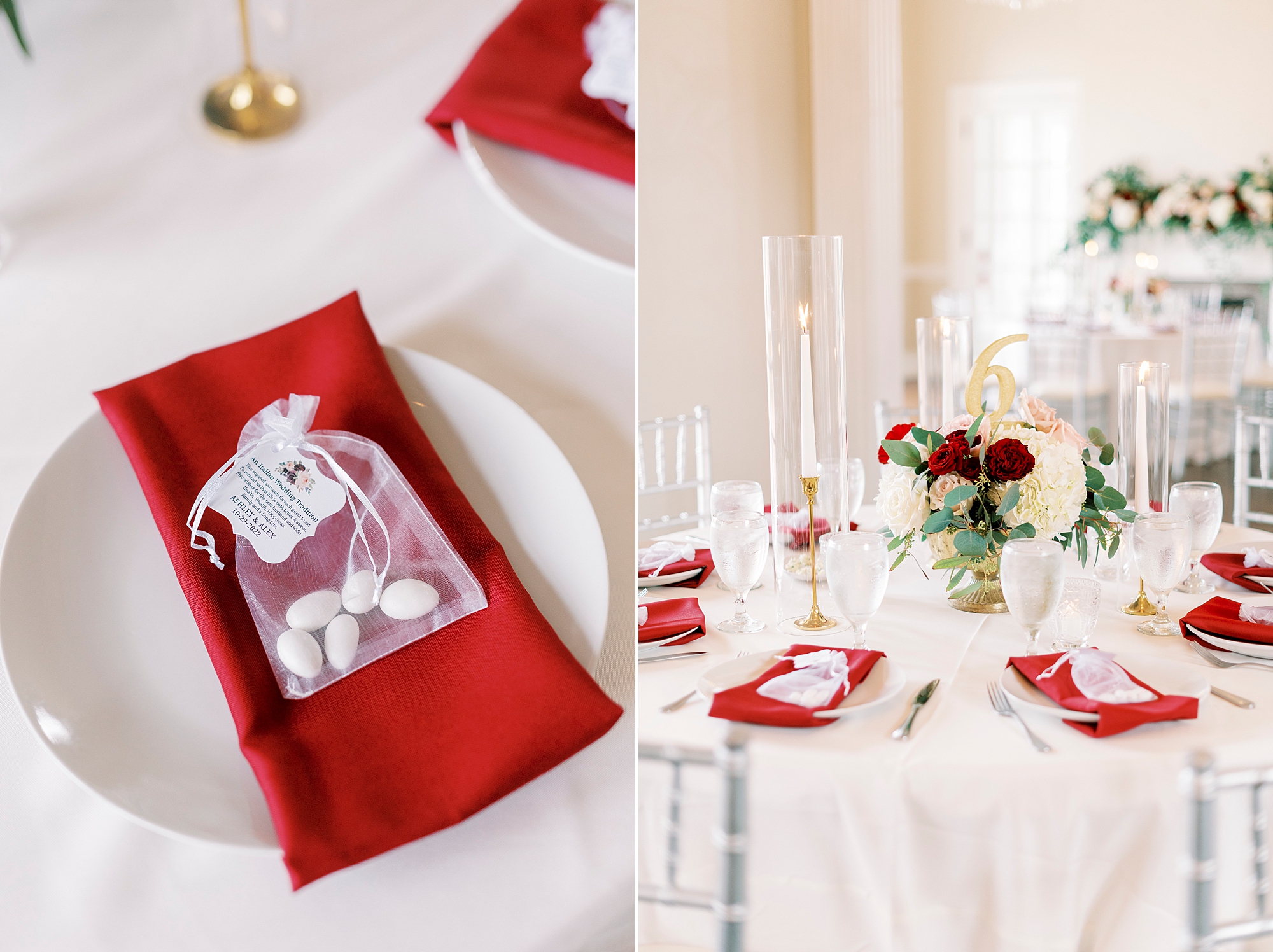 place setting with red napkins and candy favors for fall wedding at Separk Mansion