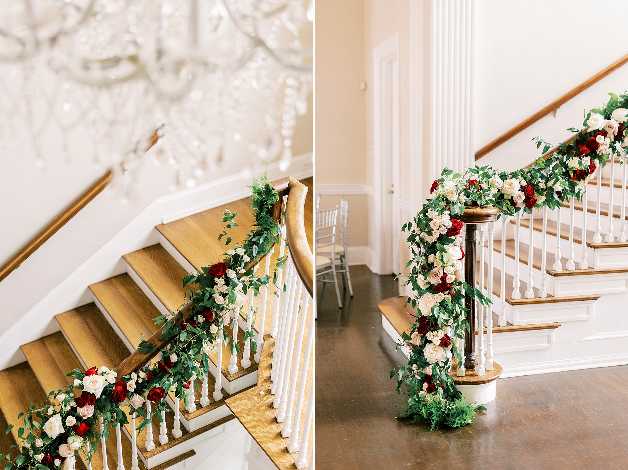 floral garland on staircase railing at Separk Mansion 