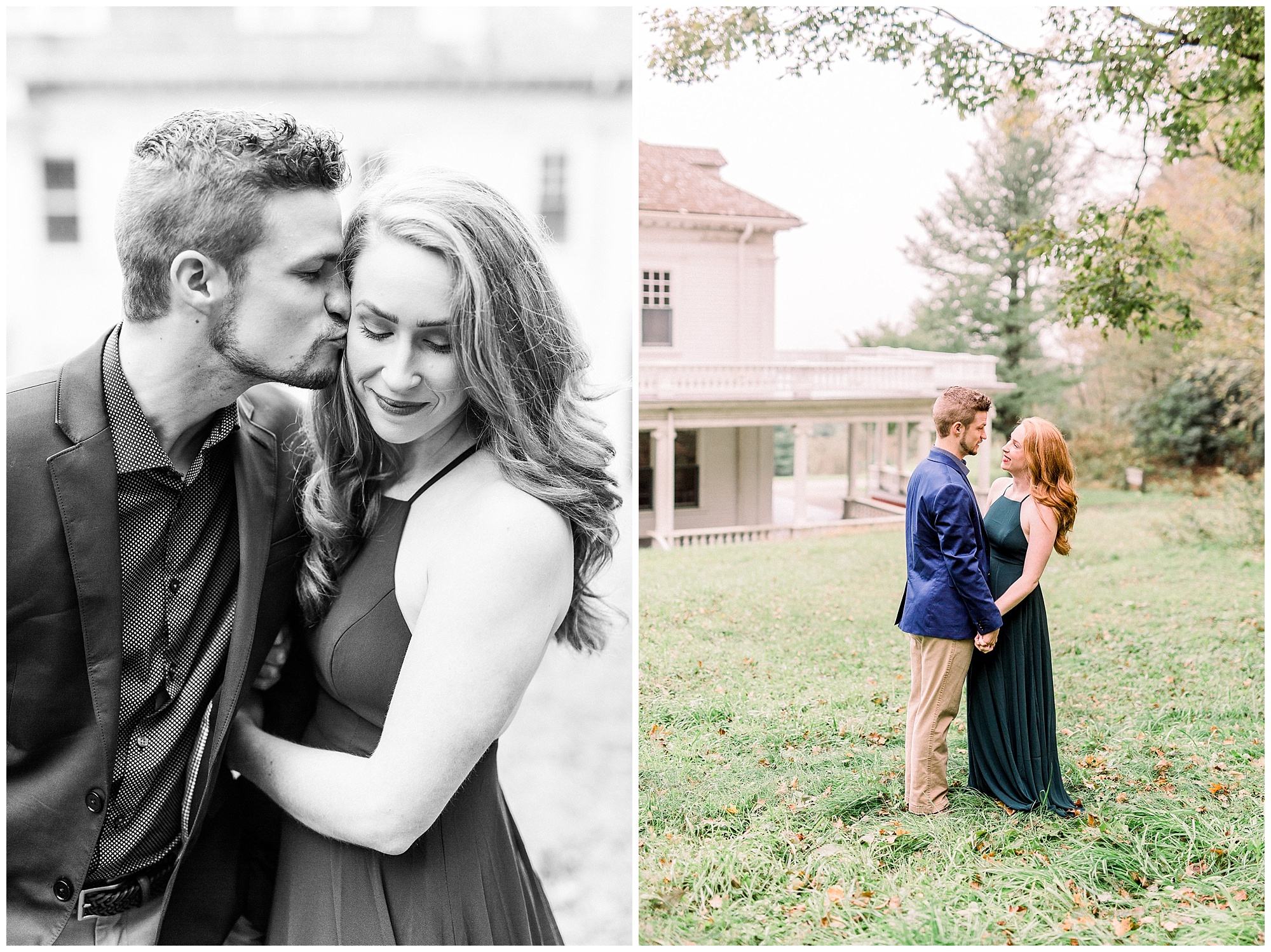 engaged couple poses alongside Moses Cone Manor during engagement photos