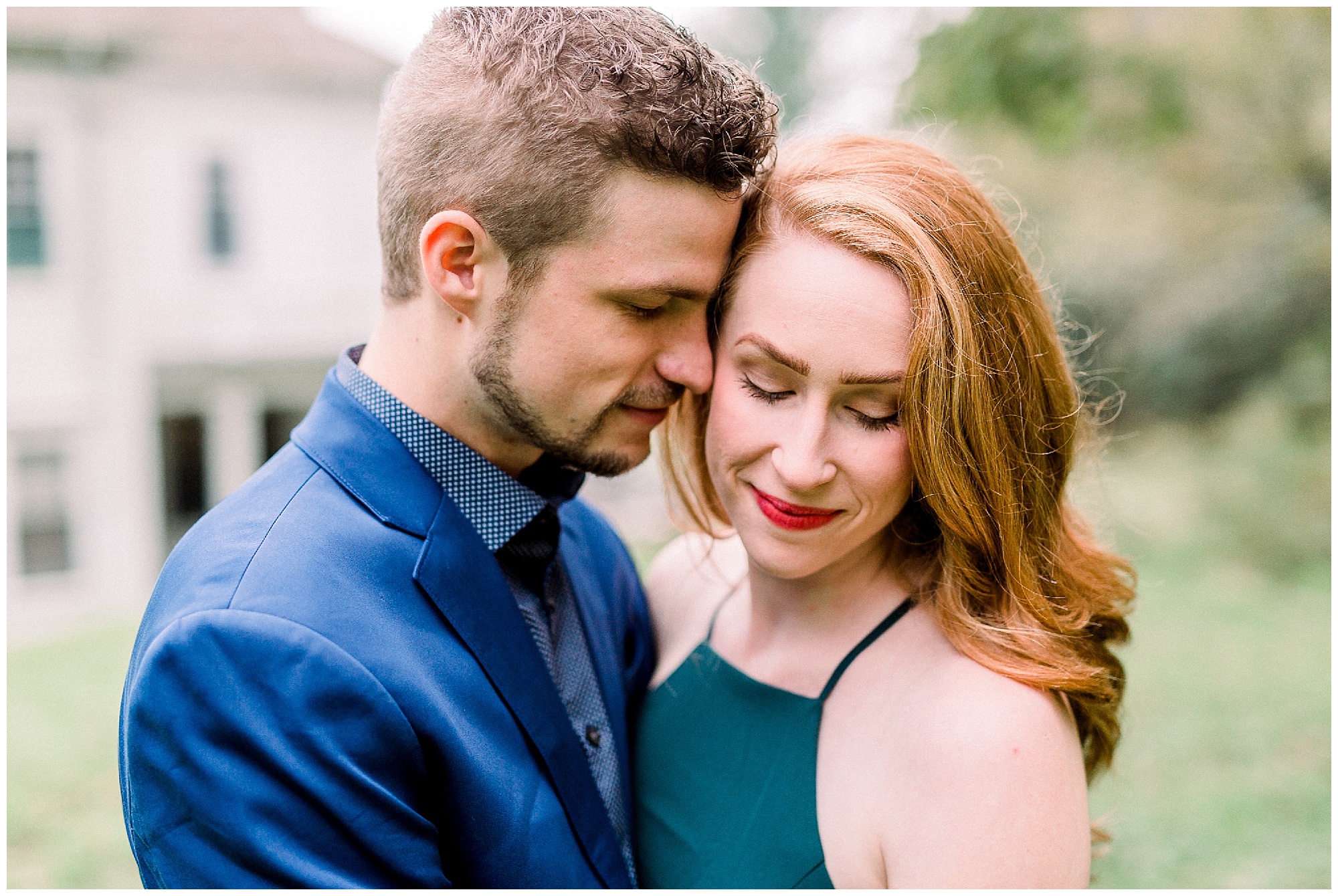 engaged couple poses with heads together at Moses Cone Manor