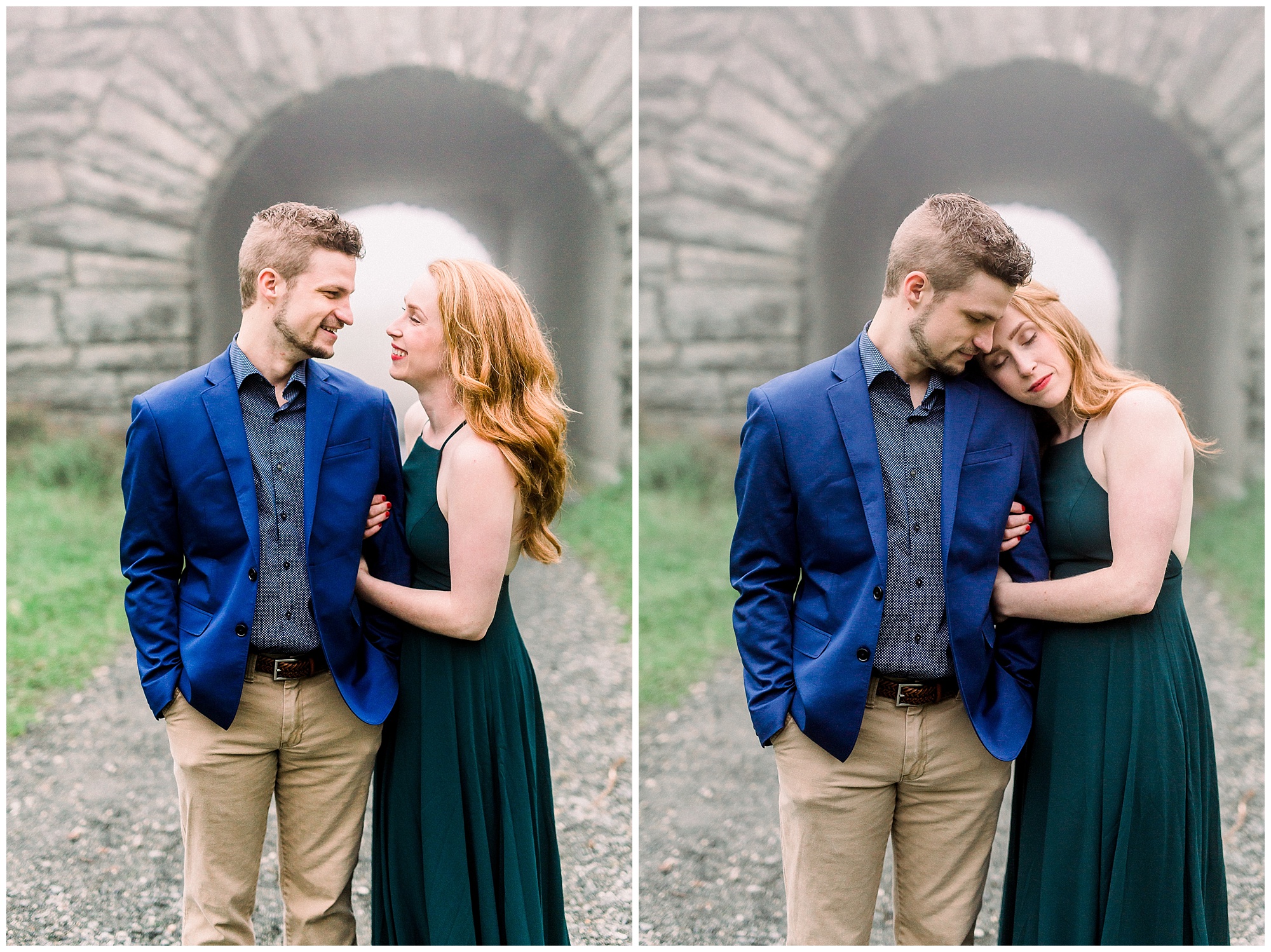 couple hugs outside stone bridge at Moses Cone Manor in the fog