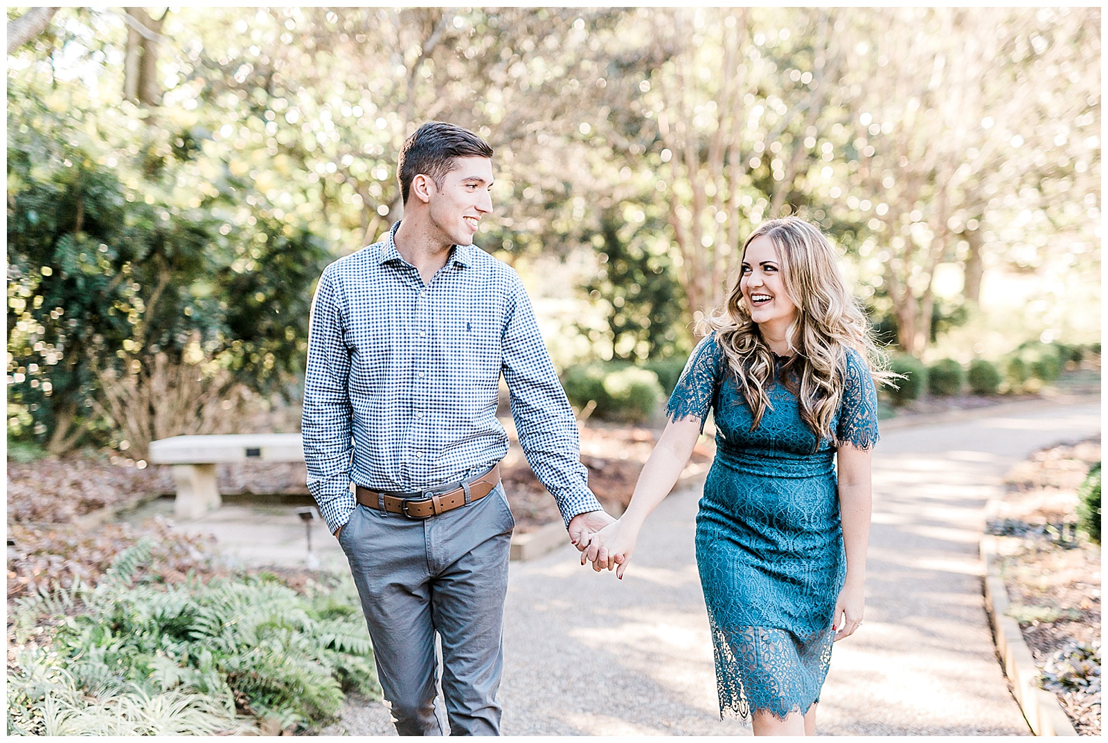 Blue Lace Dress Blue Button Up Golden Hour Outdoor Fall Engagement Session with Whitney and Logan by Kevyn Dixon Photography