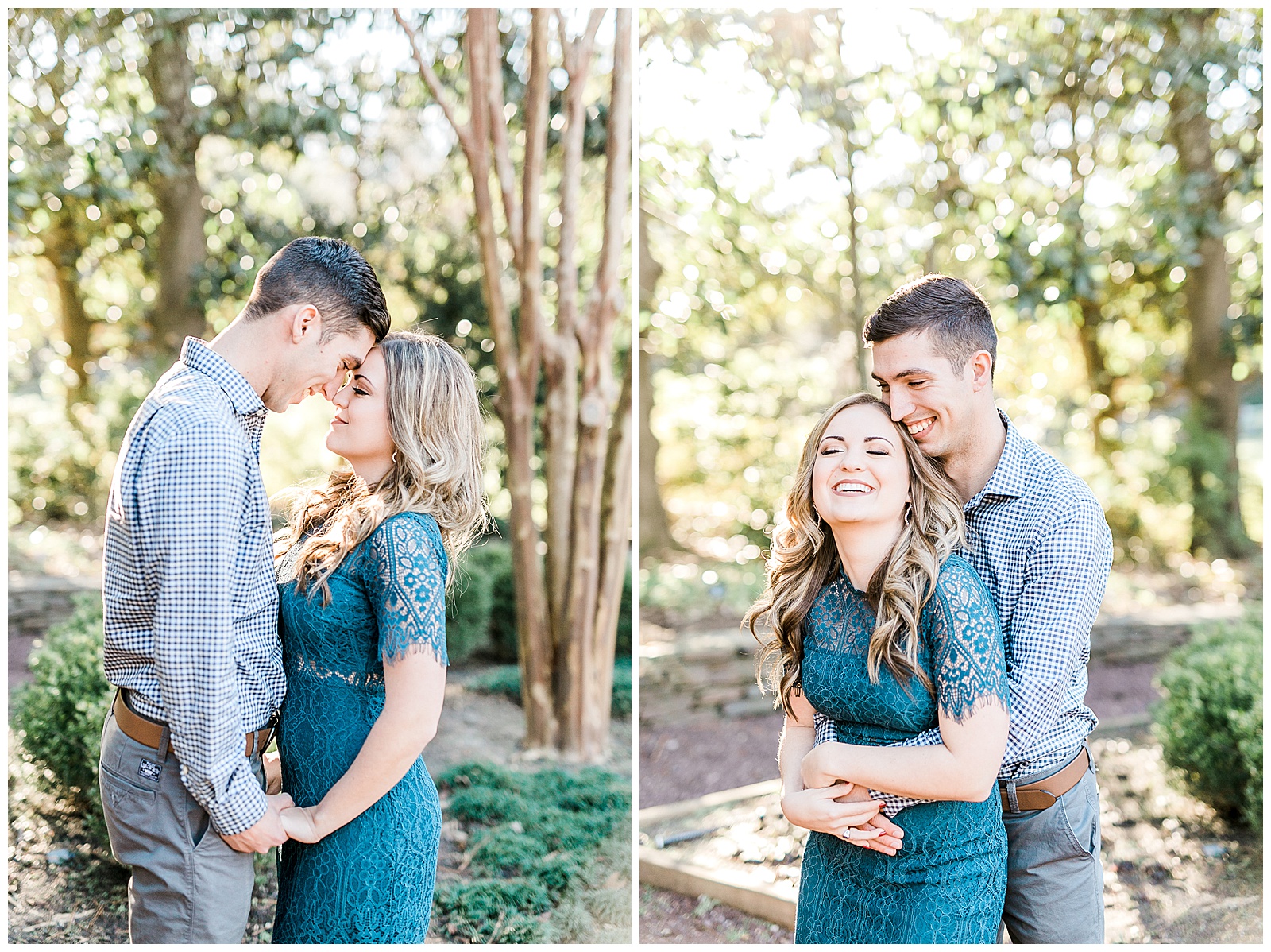 Blue Lace Dress Blue Button Up Golden Hour Outdoor Fall Engagement Session with Whitney and Logan by Kevyn Dixon Photography