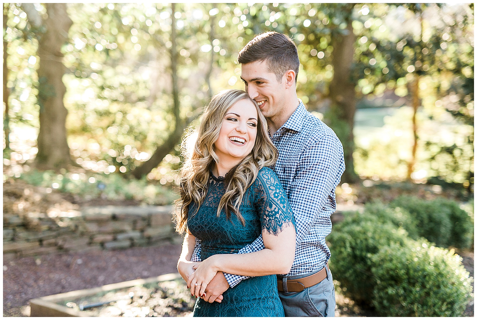Blue Lace Dress Blue Button Up Golden Hour Outdoor Fall Engagement Session with Whitney and Logan by Kevyn Dixon Photography