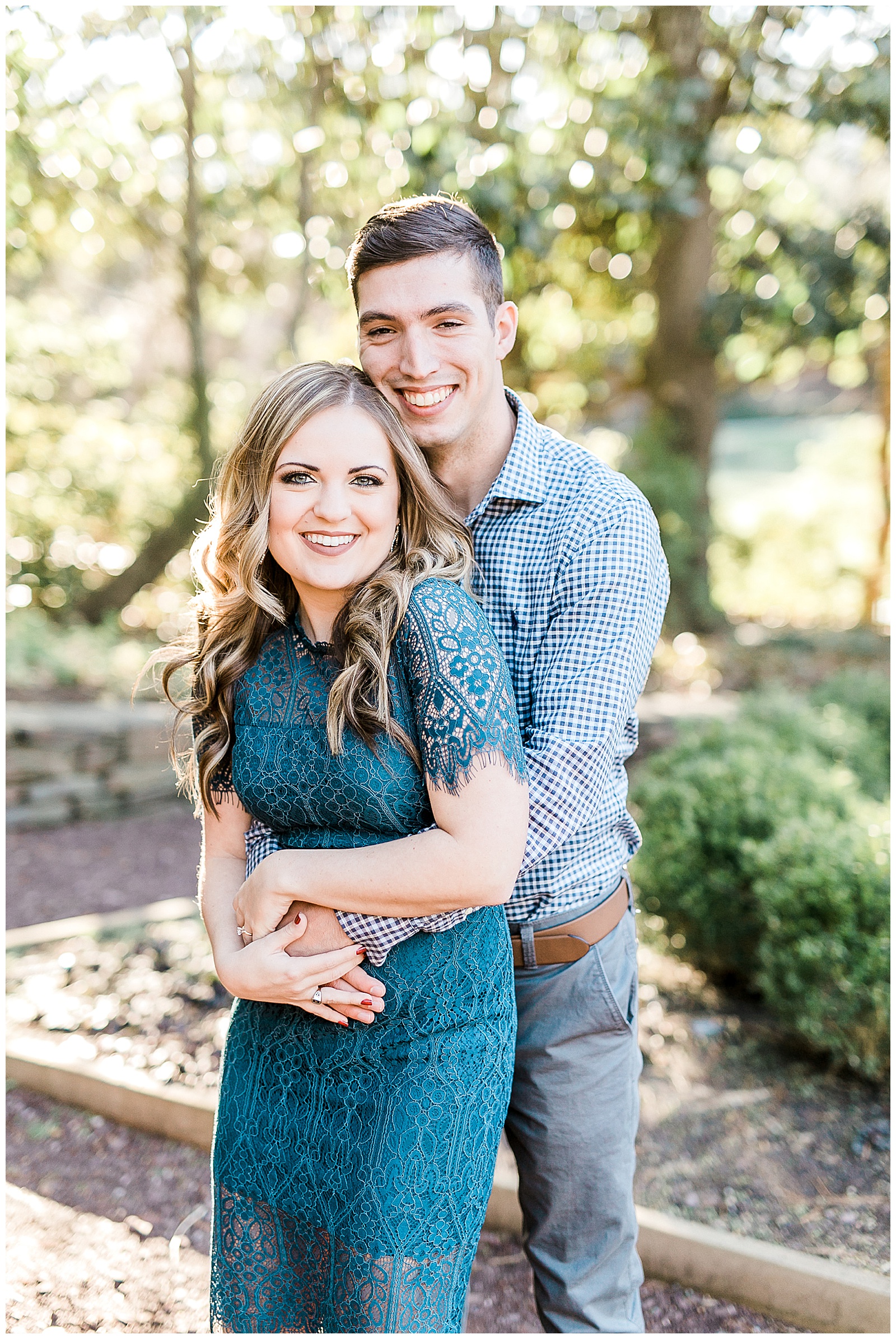 Blue Lace Dress Blue Button Up Golden Hour Outdoor Fall Engagement Session with Whitney and Logan by Kevyn Dixon Photography