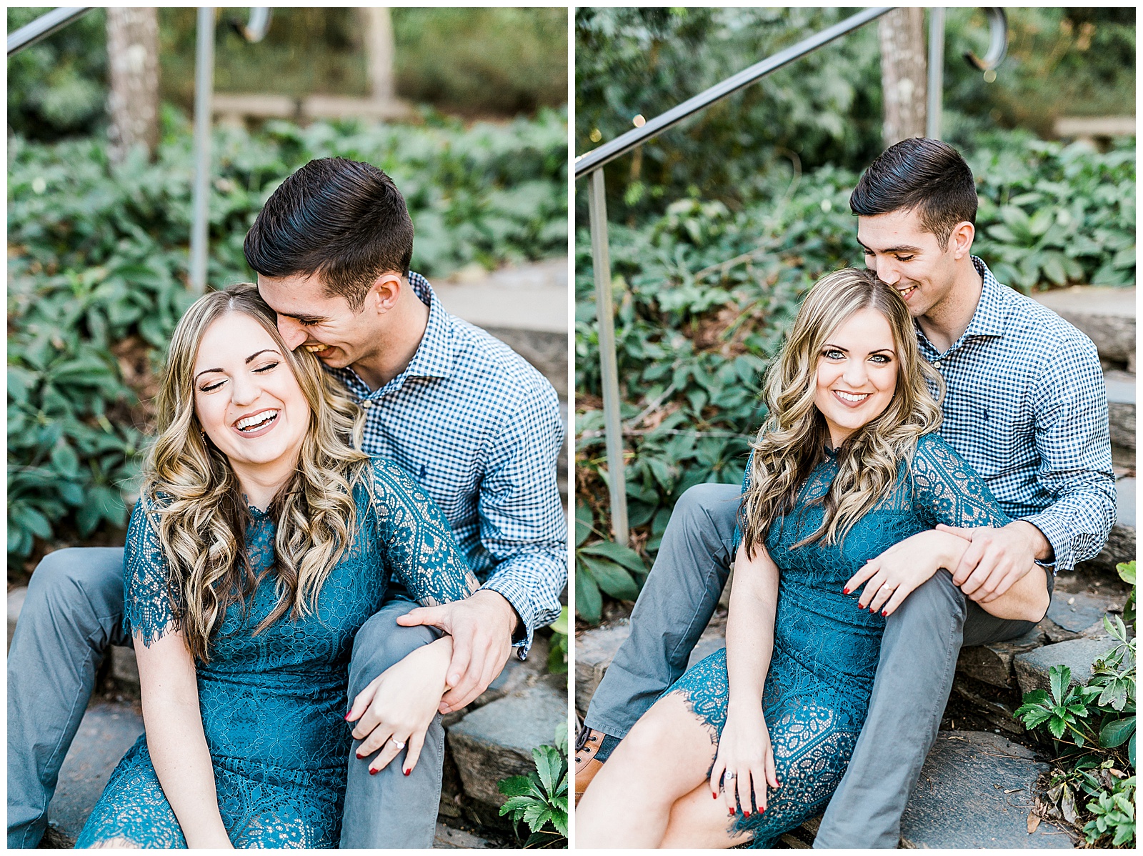 Blue Lace Dress Blue Button Up Golden Hour Outdoor Fall Engagement Session with Whitney and Logan by Kevyn Dixon Photography