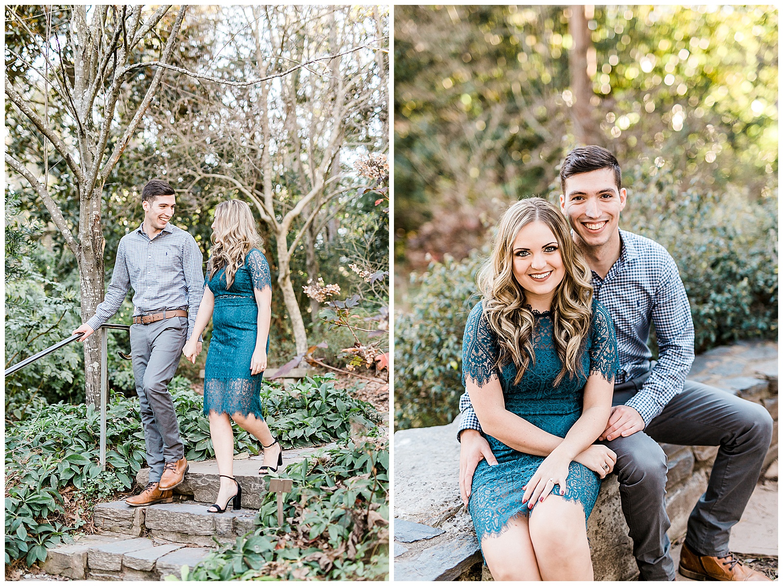Blue Lace Dress Blue Button Up Golden Hour Outdoor Fall Engagement Session with Whitney and Logan by Kevyn Dixon Photography
