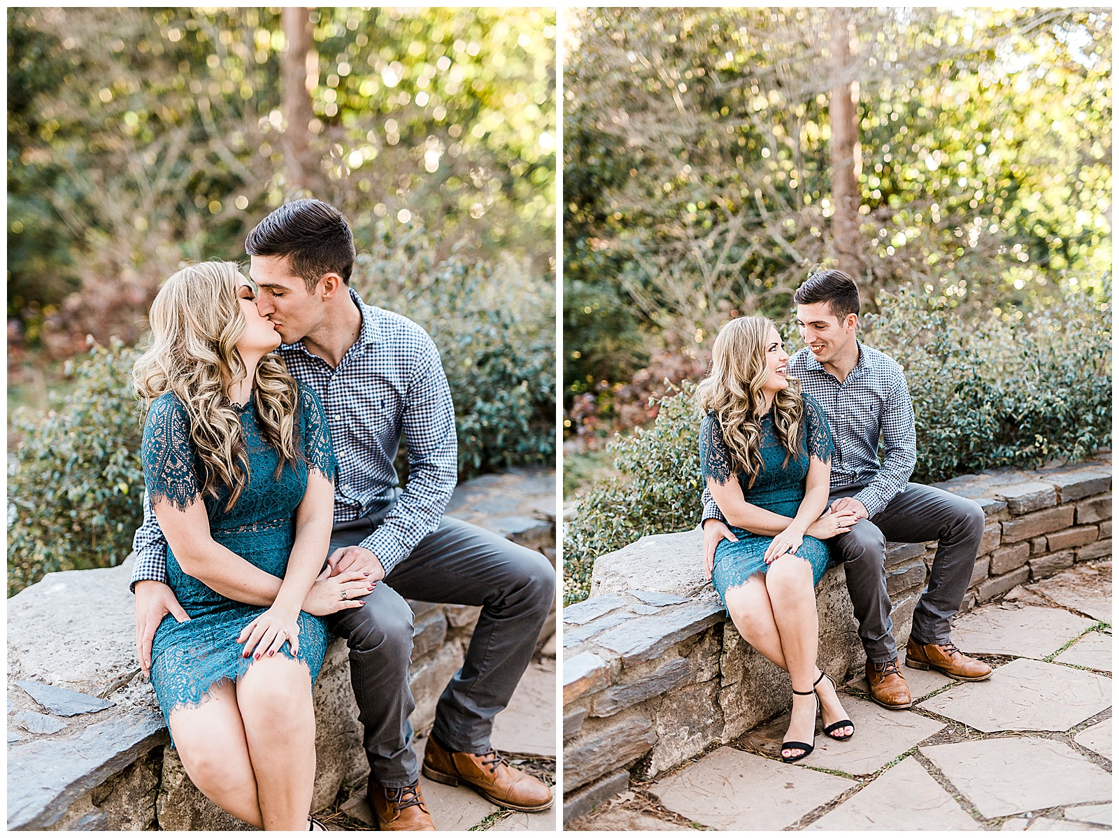 Blue Lace Dress Blue Button Up Golden Hour Outdoor Fall Engagement Session with Whitney and Logan by Kevyn Dixon Photography