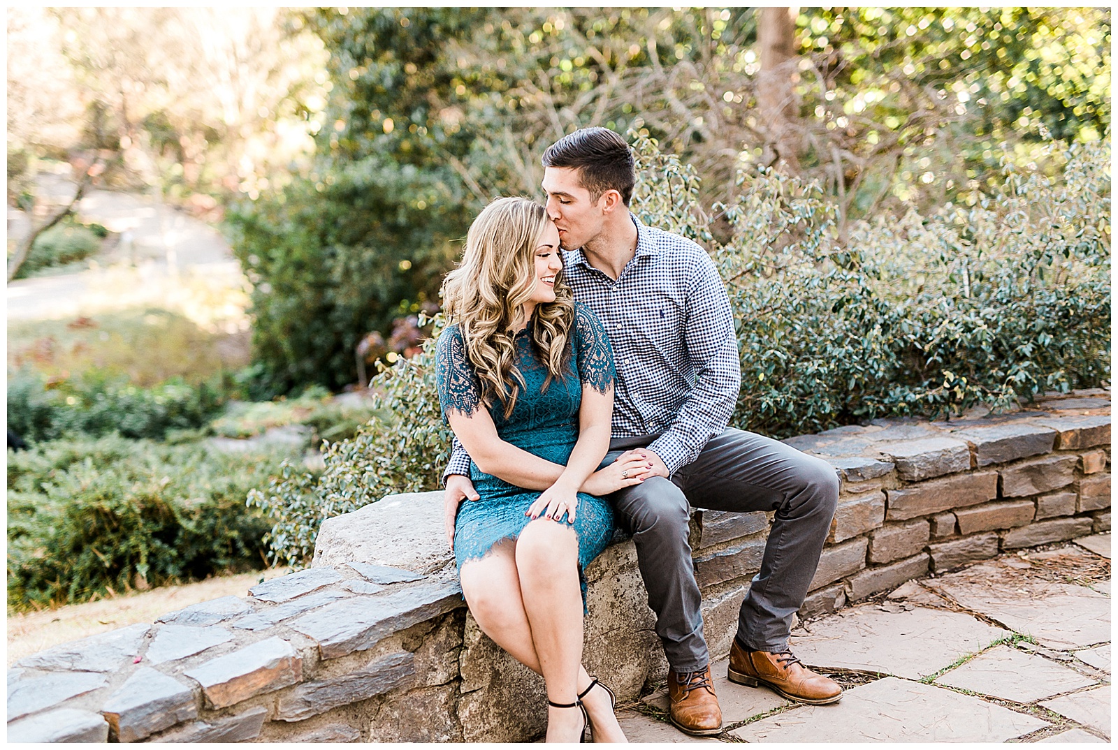 Blue Lace Dress Blue Button Up Golden Hour Outdoor Fall Engagement Session with Whitney and Logan by Kevyn Dixon Photography