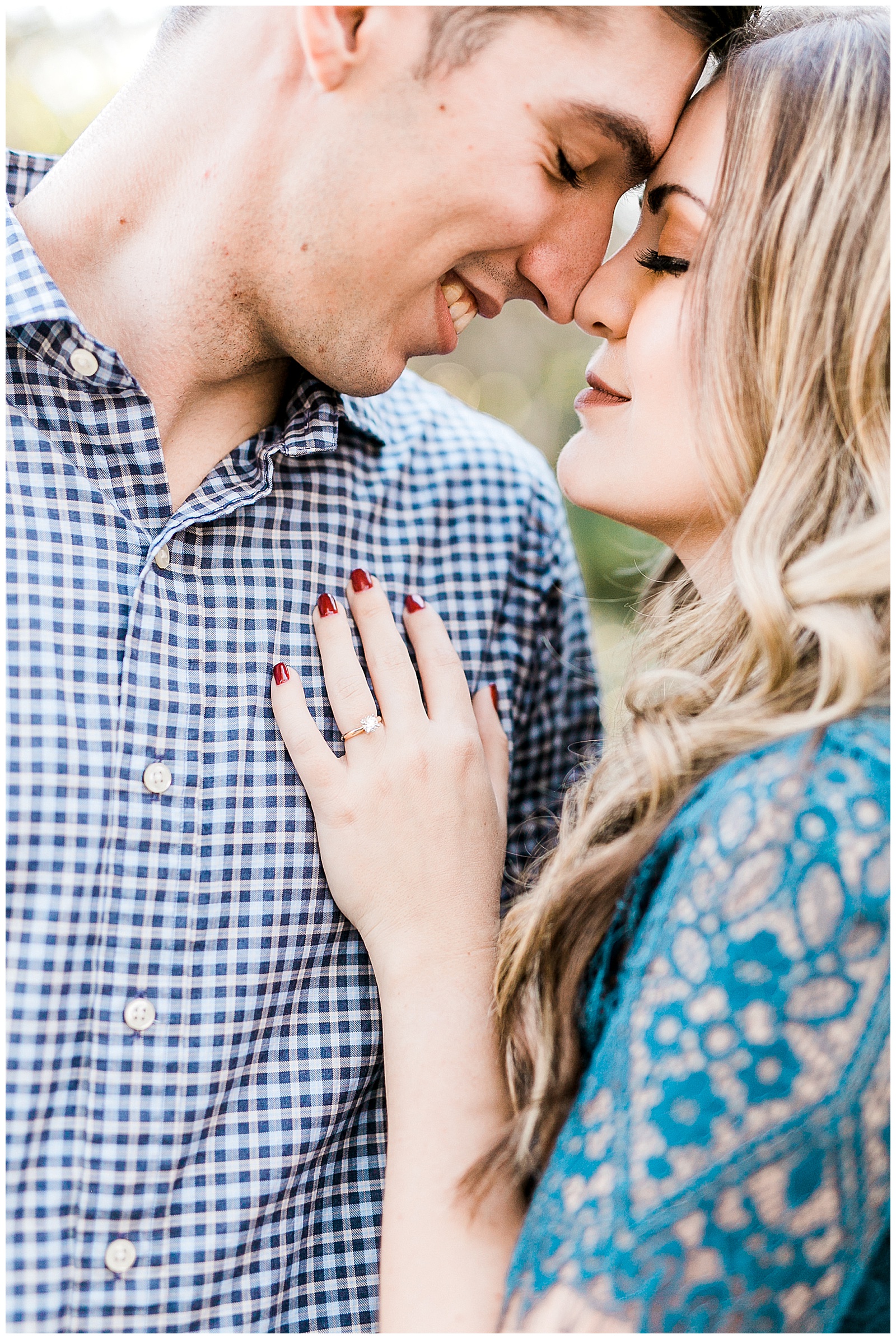 Blue Lace Dress Red Nails Blue Button Up Golden Hour Outdoor Fall Engagement Session with Whitney and Logan by Kevyn Dixon Photography