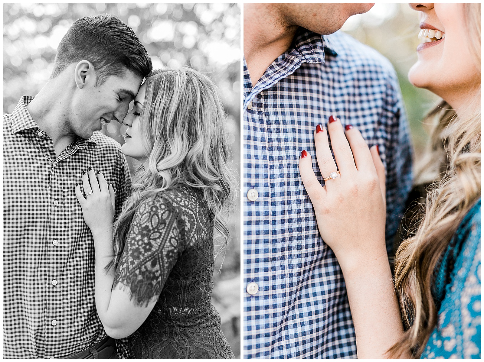 Blue Lace Dress Red Nails Blue Button Up Golden Hour Outdoor Fall Engagement Session with Whitney and Logan by Kevyn Dixon Photography