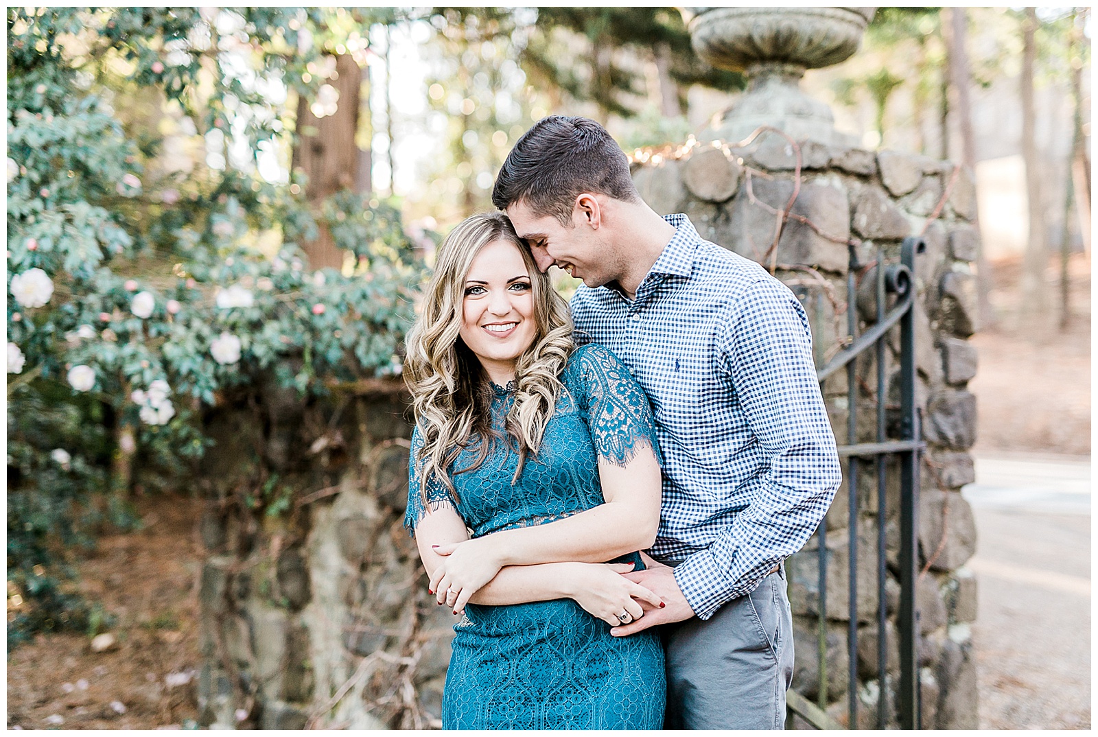 Blue Lace Dress Blue Button Up Golden Hour Outdoor Fall Engagement Session with Whitney and Logan by Kevyn Dixon Photography
