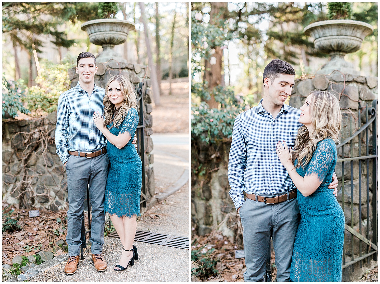 Blue Lace Dress Blue Button Up Golden Hour Outdoor Fall Engagement Session with Whitney and Logan by Kevyn Dixon Photography