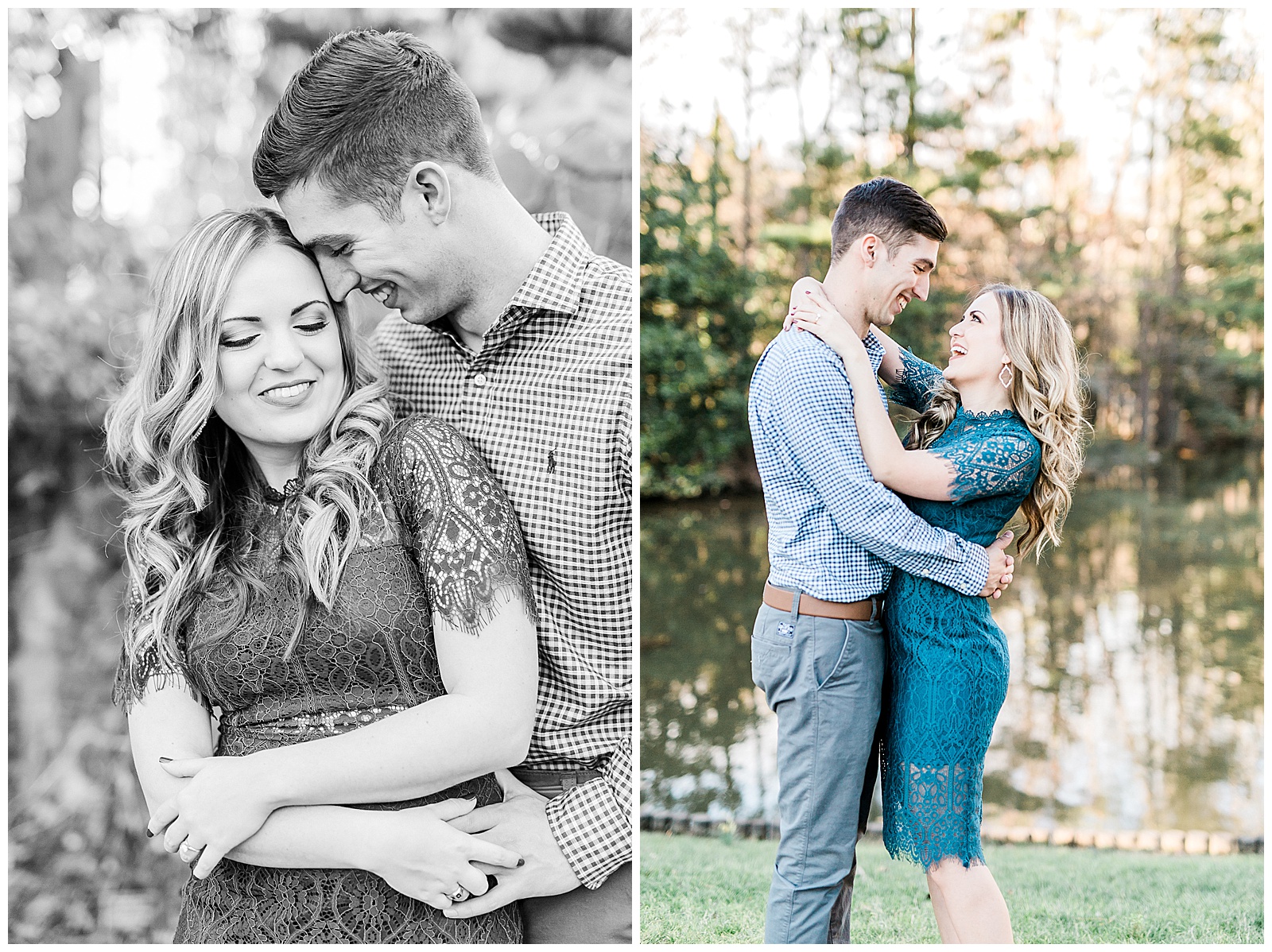 Blue Lace Dress Blue Button Up Golden Hour Outdoor Fall Engagement Session with Whitney and Logan by Kevyn Dixon Photography