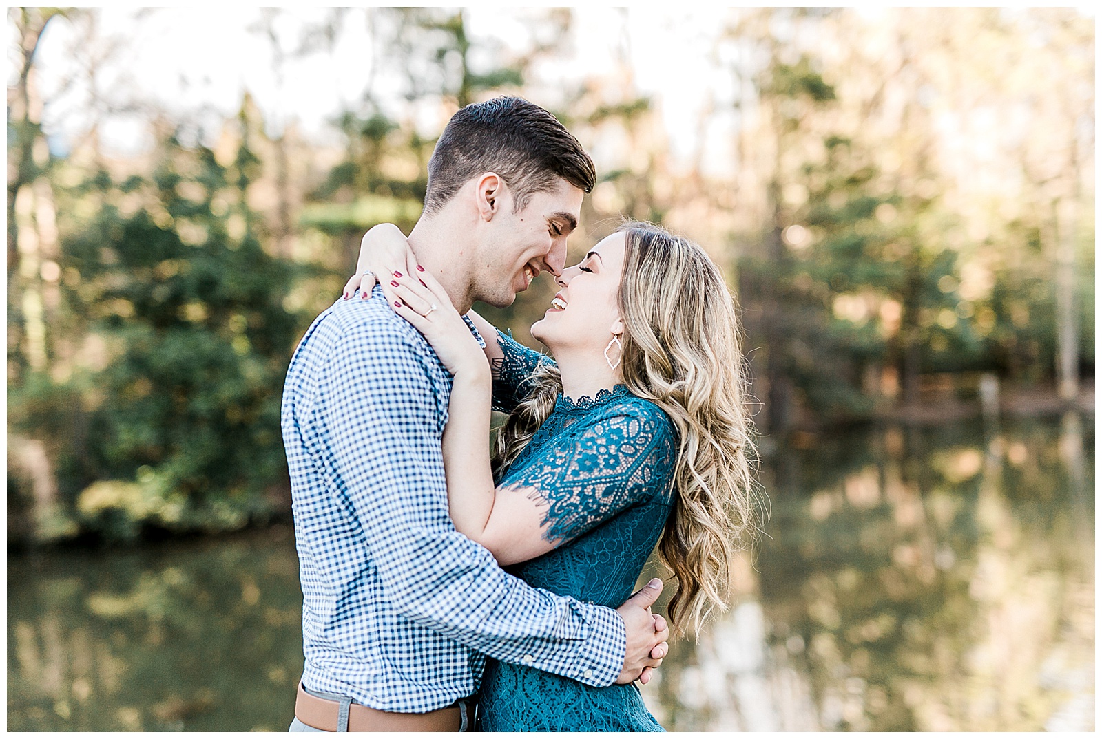 Blue Lace Dress Blue Button Up Golden Hour Outdoor Fall Engagement Session with Whitney and Logan by Kevyn Dixon Photography