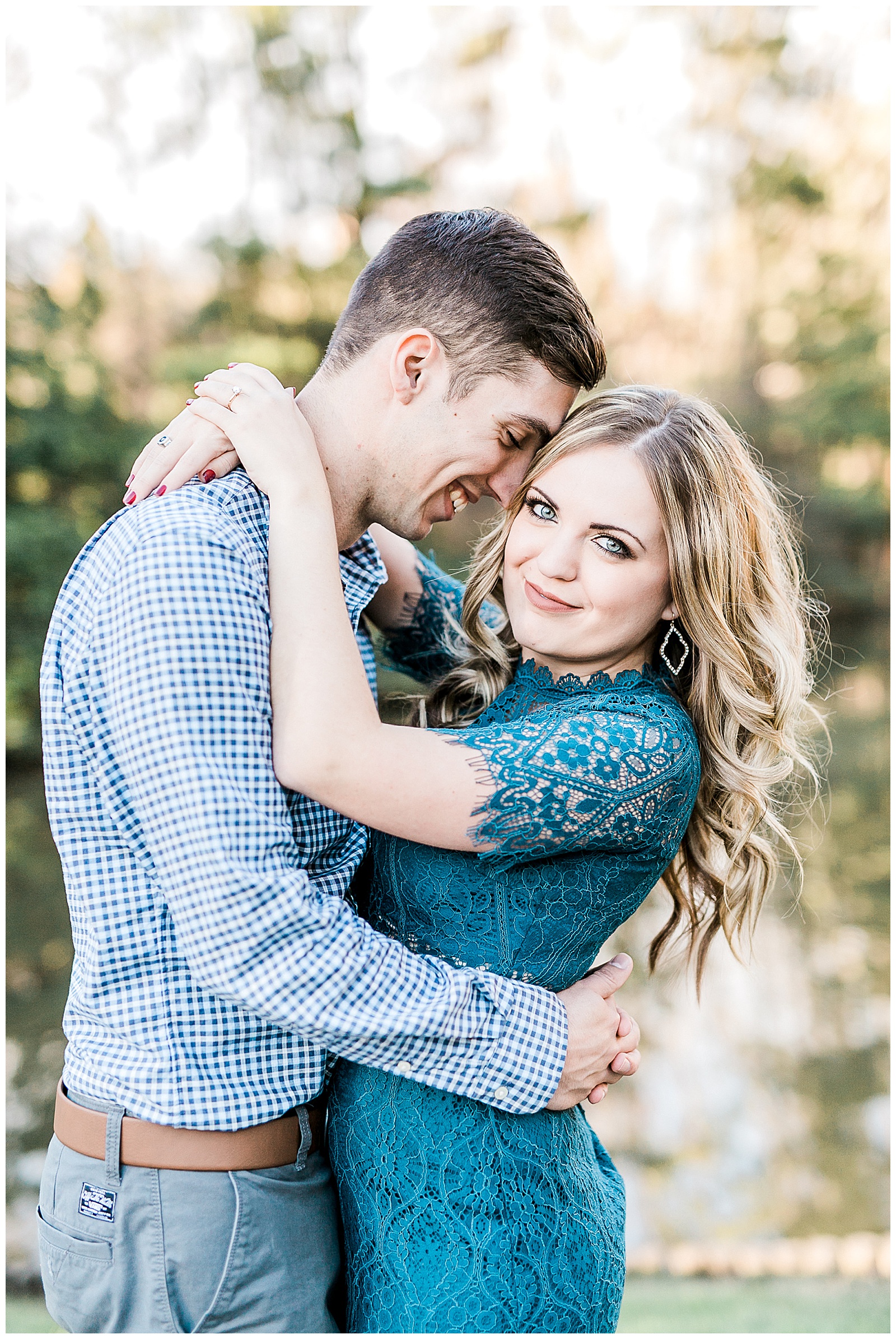 Blue Lace Dress Blue Button Up Golden Hour Outdoor Fall Engagement Session with Whitney and Logan by Kevyn Dixon Photography
