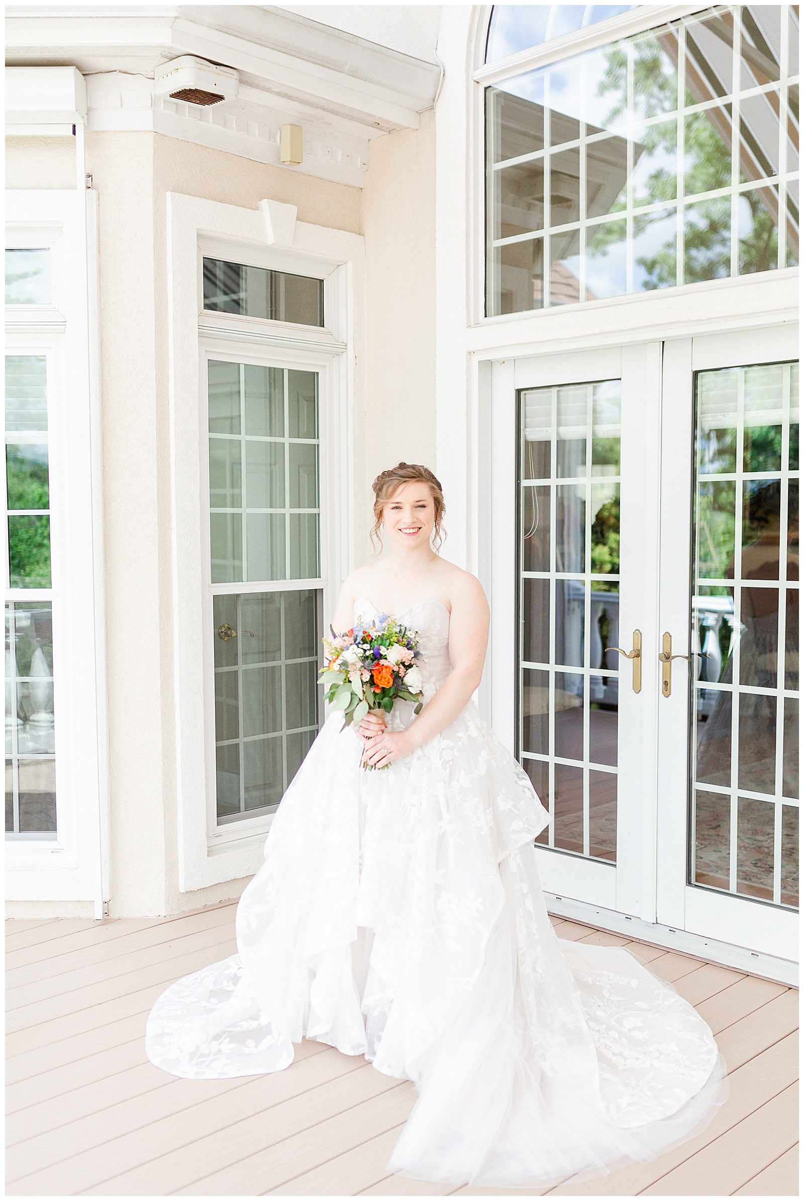 white house mansion location 👰 Bride: lace wedding dress + veil 💐 Colorful orange and blue bouquet 📸 Outdoorsy Lake and Mountain Bridal Session with Julia | Kevyn Dixon Photography