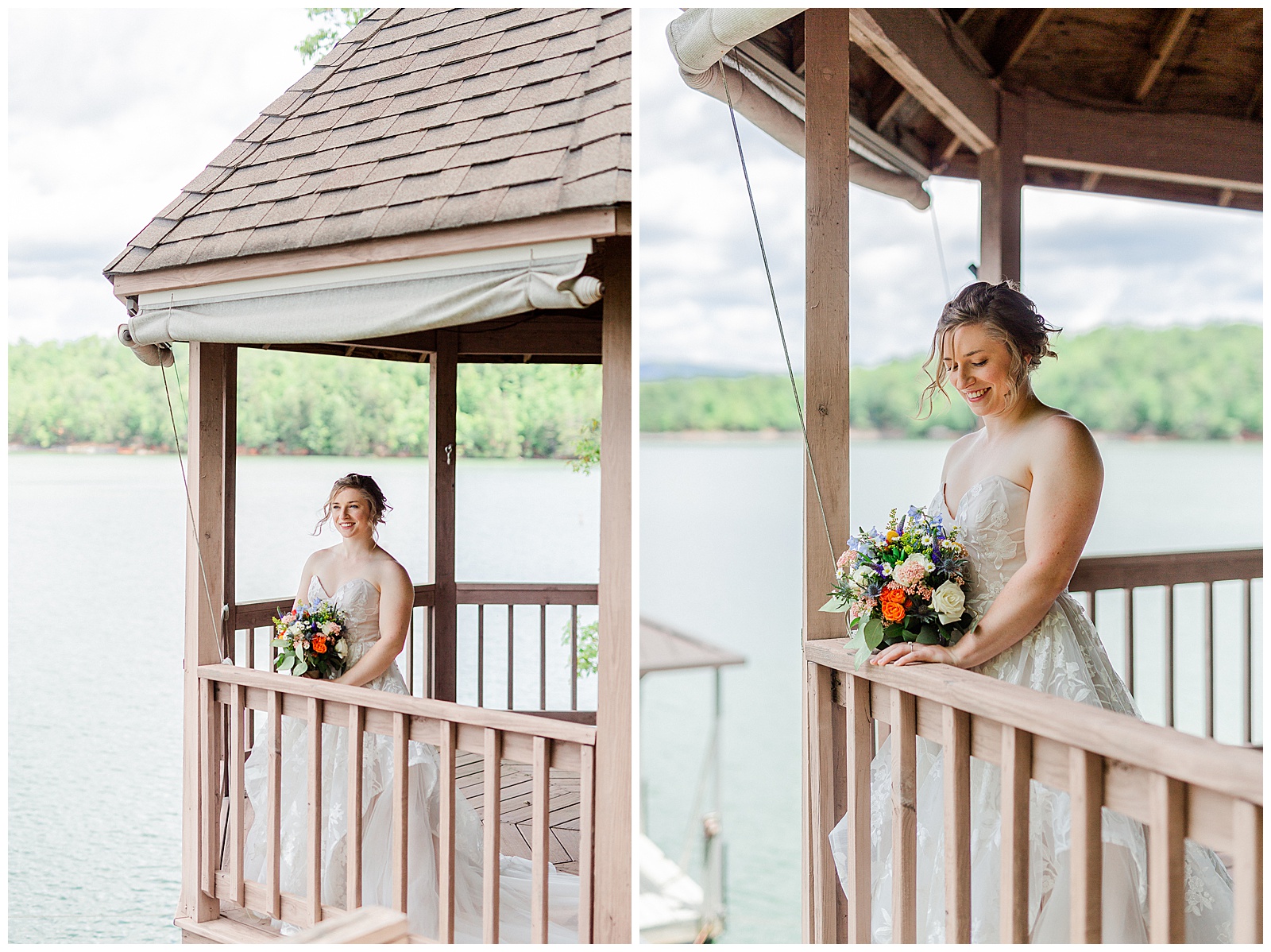 lakehouse location 👰 Bride: lace wedding dress + veil 💐 Colorful orange and blue bouquet 📸 Outdoorsy Lake and Mountain Bridal Session with Julia | Kevyn Dixon Photography