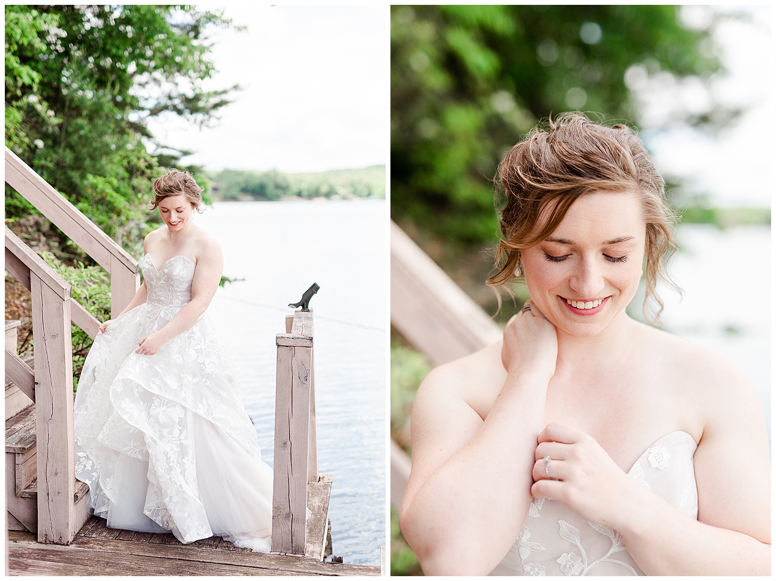 lakehouse location 👰 Bride: lace wedding dress + veil 💐 Colorful orange and blue bouquet 📸 Outdoorsy Lake and Mountain Bridal Session with Julia | Kevyn Dixon Photography