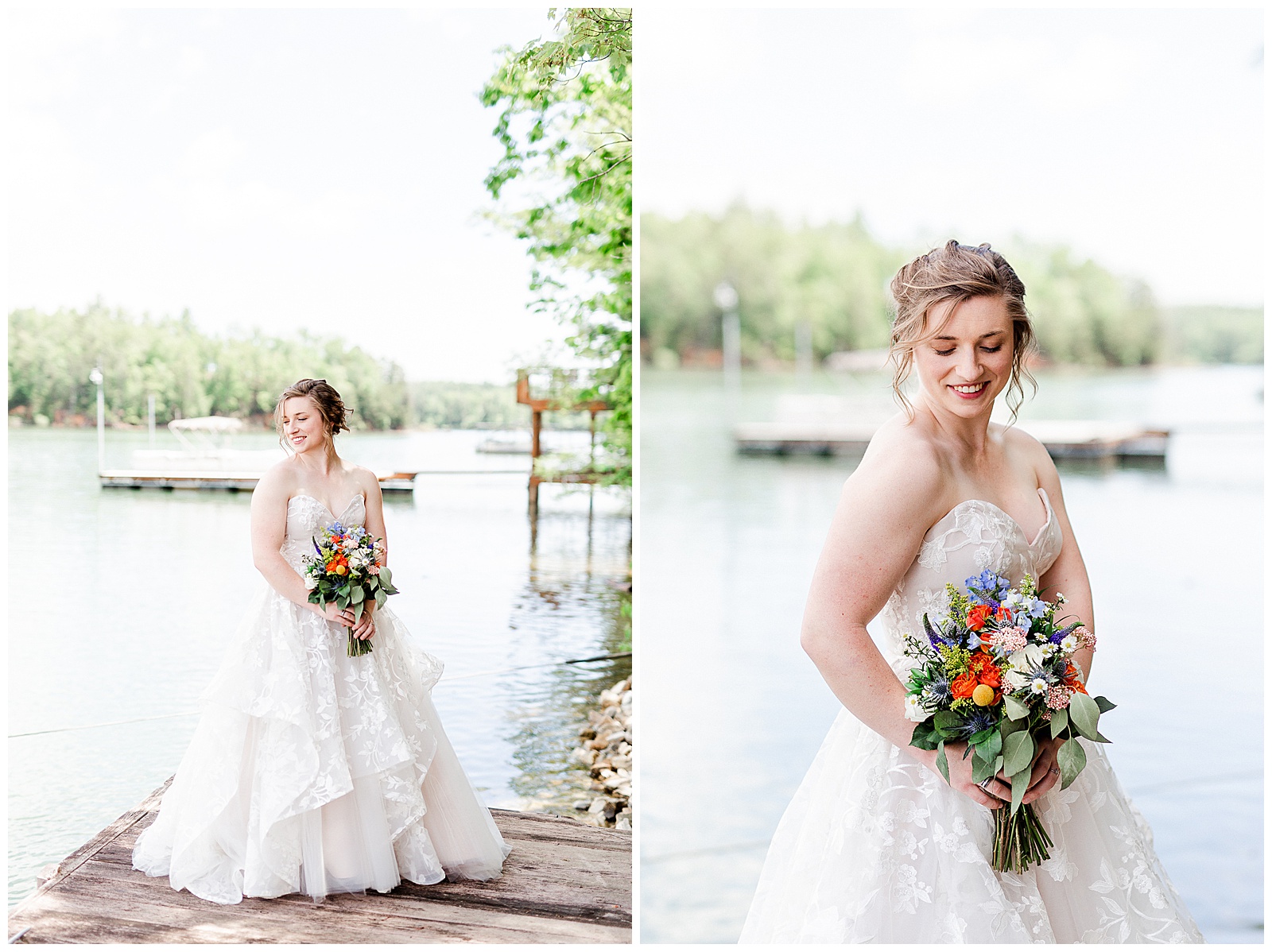 pier on the water location 👰 Bride: lace wedding dress + veil 💐 Colorful orange and blue bouquet 📸 Outdoorsy Lake and Mountain Bridal Session with Julia | Kevyn Dixon Photography
