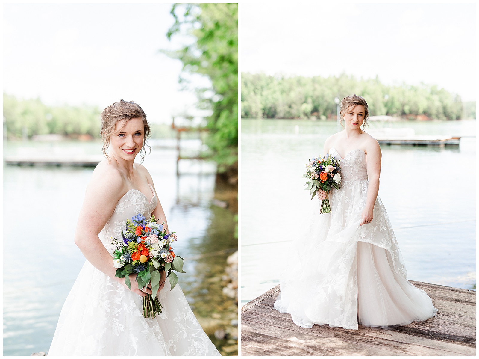 pier on the water location 👰 Bride: lace wedding dress + veil 💐 Colorful orange and blue bouquet 📸 Outdoorsy Lake and Mountain Bridal Session with Julia | Kevyn Dixon Photography