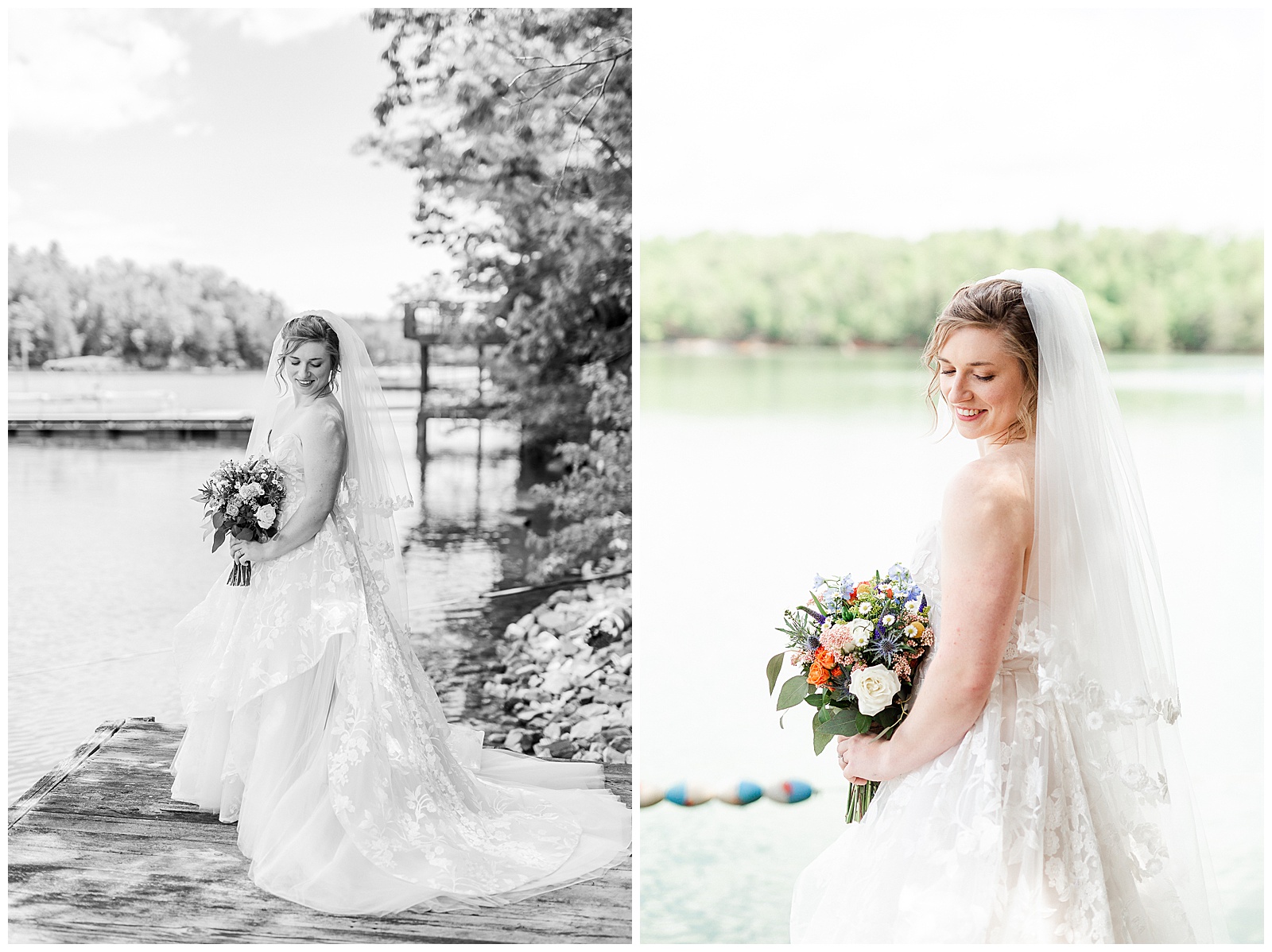 pier on the water location 👰 Bride: lace wedding dress + veil 💐 Colorful orange and blue bouquet 📸 Outdoorsy Lake and Mountain Bridal Session with Julia | Kevyn Dixon Photography