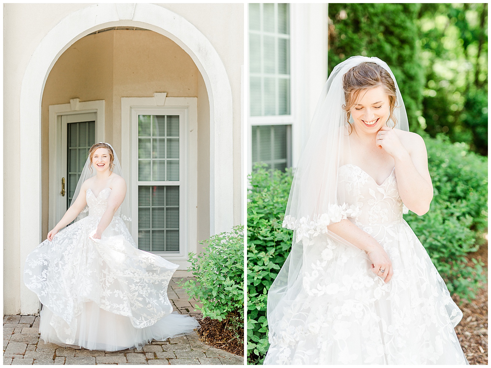 lakehouse mansion location 👰 Bride: lace wedding dress + veil 💐 Colorful orange and blue bouquet 📸 Outdoorsy Lake and Mountain Bridal Session with Julia | Kevyn Dixon Photography