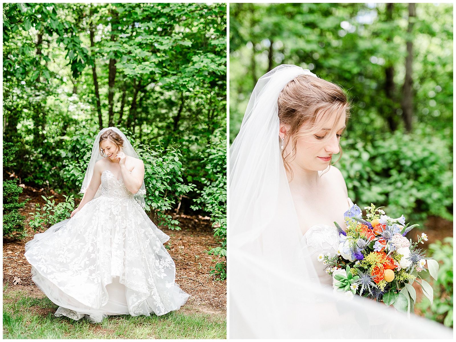 forest location 👰 Bride: lace wedding dress + veil 💐 Colorful orange and blue bouquet 📸 Outdoorsy Lake and Mountain Bridal Session with Julia | Kevyn Dixon Photography