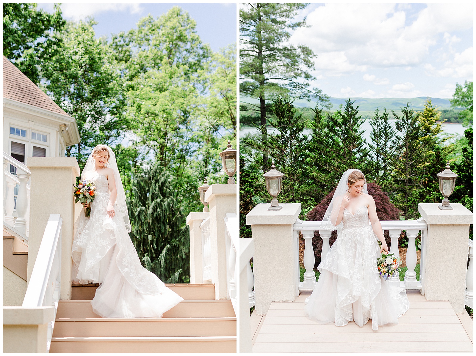gorgeous scenic lakehouse white mansion location 👰 Bride: lace wedding dress + veil 💐 Colorful orange and blue bouquet 📸 Outdoorsy Lake and Mountain Bridal Session with Julia | Kevyn Dixon Photography