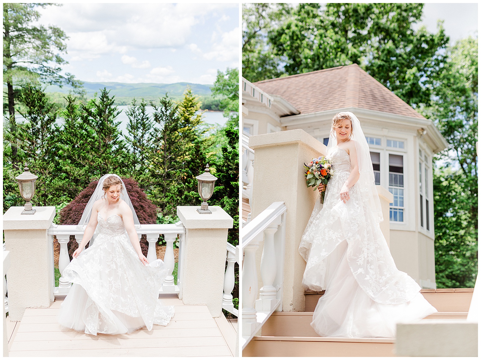gorgeous scenic lakehouse white mansion location 👰 Bride: lace wedding dress + veil 💐 Colorful orange and blue bouquet 📸 Outdoorsy Lake and Mountain Bridal Session with Julia | Kevyn Dixon Photography