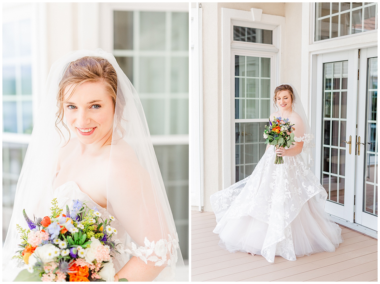 lakehouse white mansion location 👰 Bride: lace wedding dress + veil 💐 Colorful orange and blue bouquet 📸 Outdoorsy Lake and Mountain Bridal Session with Julia | Kevyn Dixon Photography