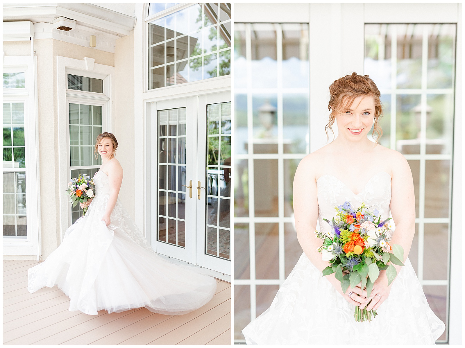 lakehouse white mansion location π° Bride: lace wedding dress + veil π Colorful orange and blue bouquet πΈ Outdoorsy Lake and Mountain Bridal Session with Julia | Kevyn Dixon Photography