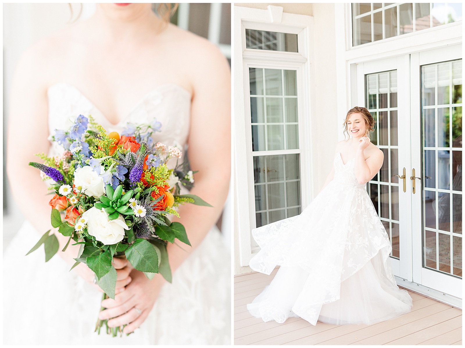 lakehouse white mansion location π° Bride: lace wedding dress + veil π Colorful orange and blue bouquet πΈ Outdoorsy Lake and Mountain Bridal Session with Julia | Kevyn Dixon Photography