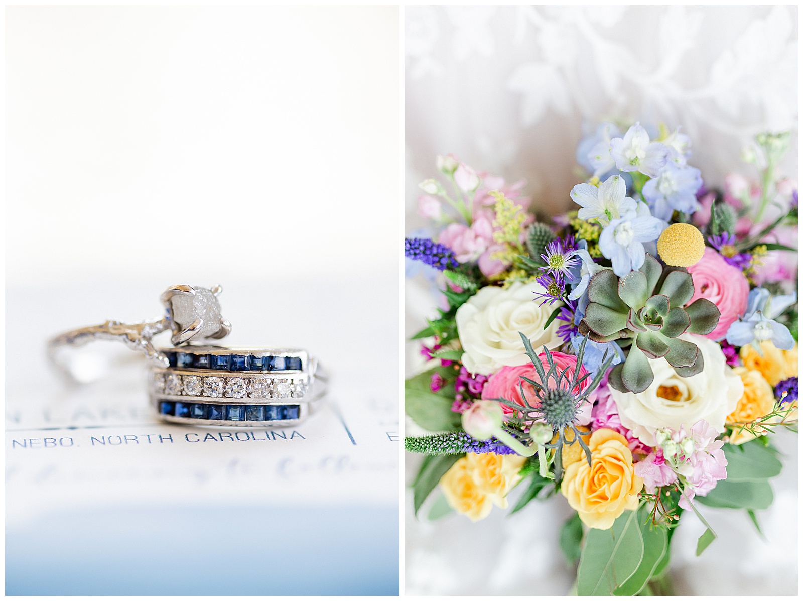 Blue-Themed Wedding Rings Colorful Bouquet from Outdoorsy Summer Wedding at North Carolina Lakehouse in the Mountains | check out the full wedding at KevynDixonPhoto.com