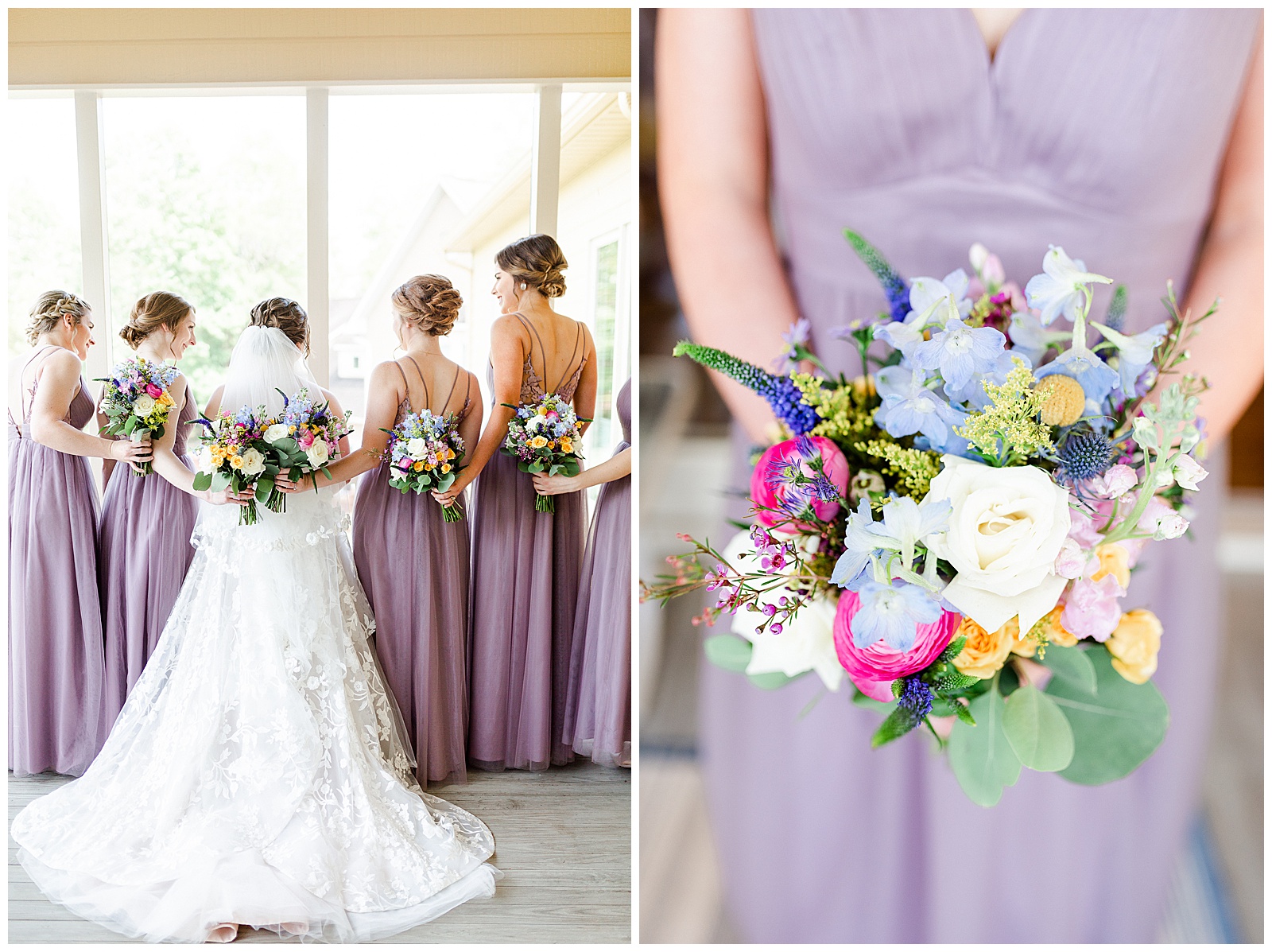 Colorful Bouquet Detail Shot and Lavender Purple Bridesmaid Dress Color Theme from Outdoorsy Summer Wedding at North Carolina Lakehouse in the Mountains | check out the full wedding at KevynDixonPhoto.com