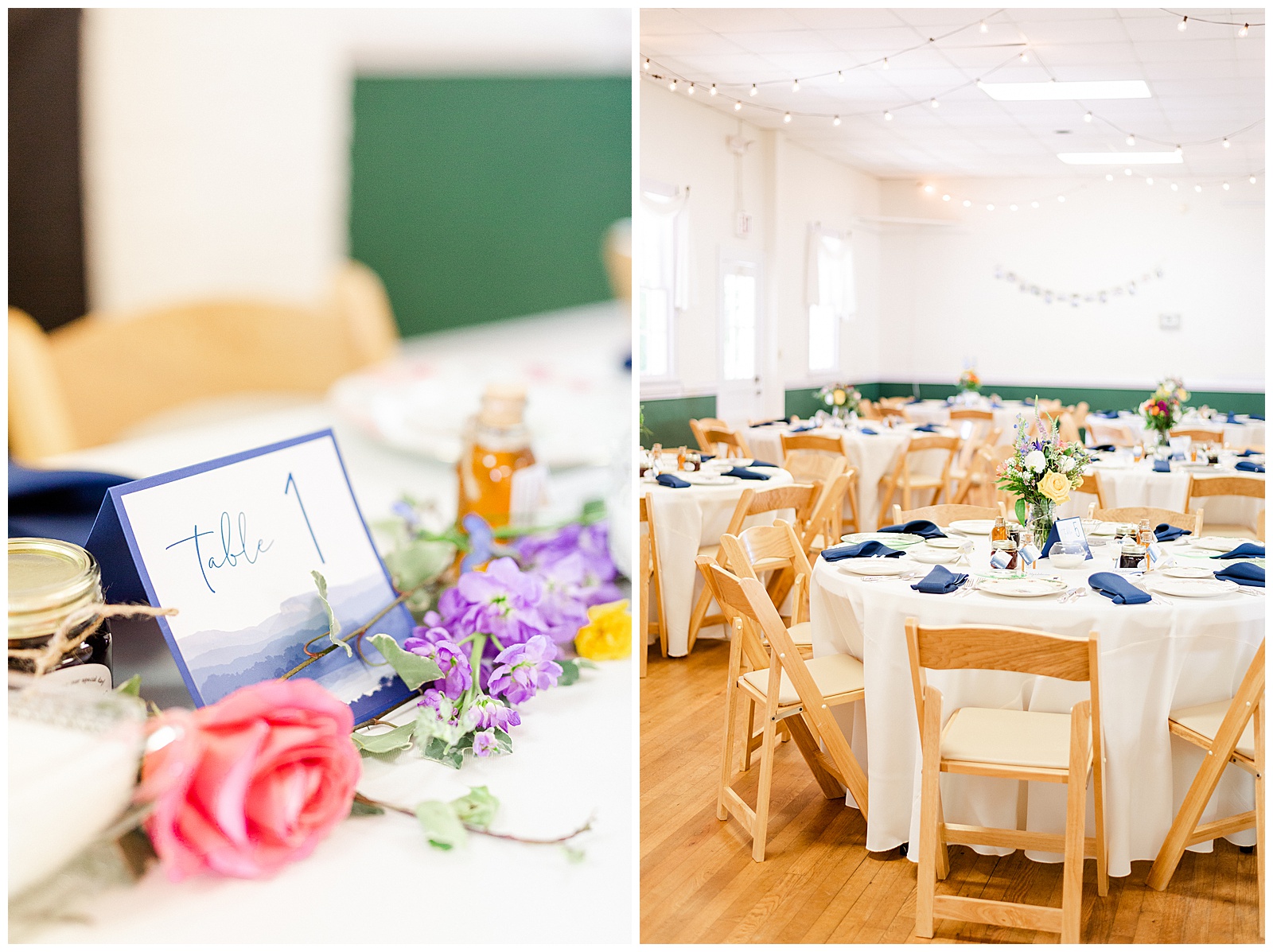 Blue Themed Colorful Floral Table Setting and Fine China from Outdoorsy Summer Wedding at North Carolina Lakehouse in the Mountains | check out the full wedding at KevynDixonPhoto.com