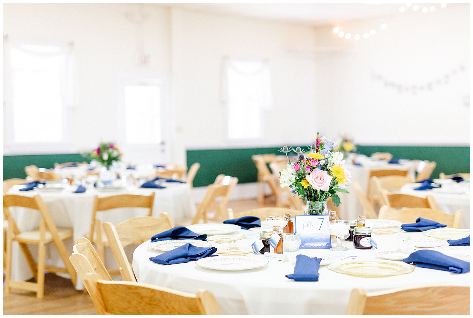 Blue Themed Colorful Floral Table Setting and Fine China from Outdoorsy Summer Wedding at North Carolina Lakehouse in the Mountains | check out the full wedding at KevynDixonPhoto.com