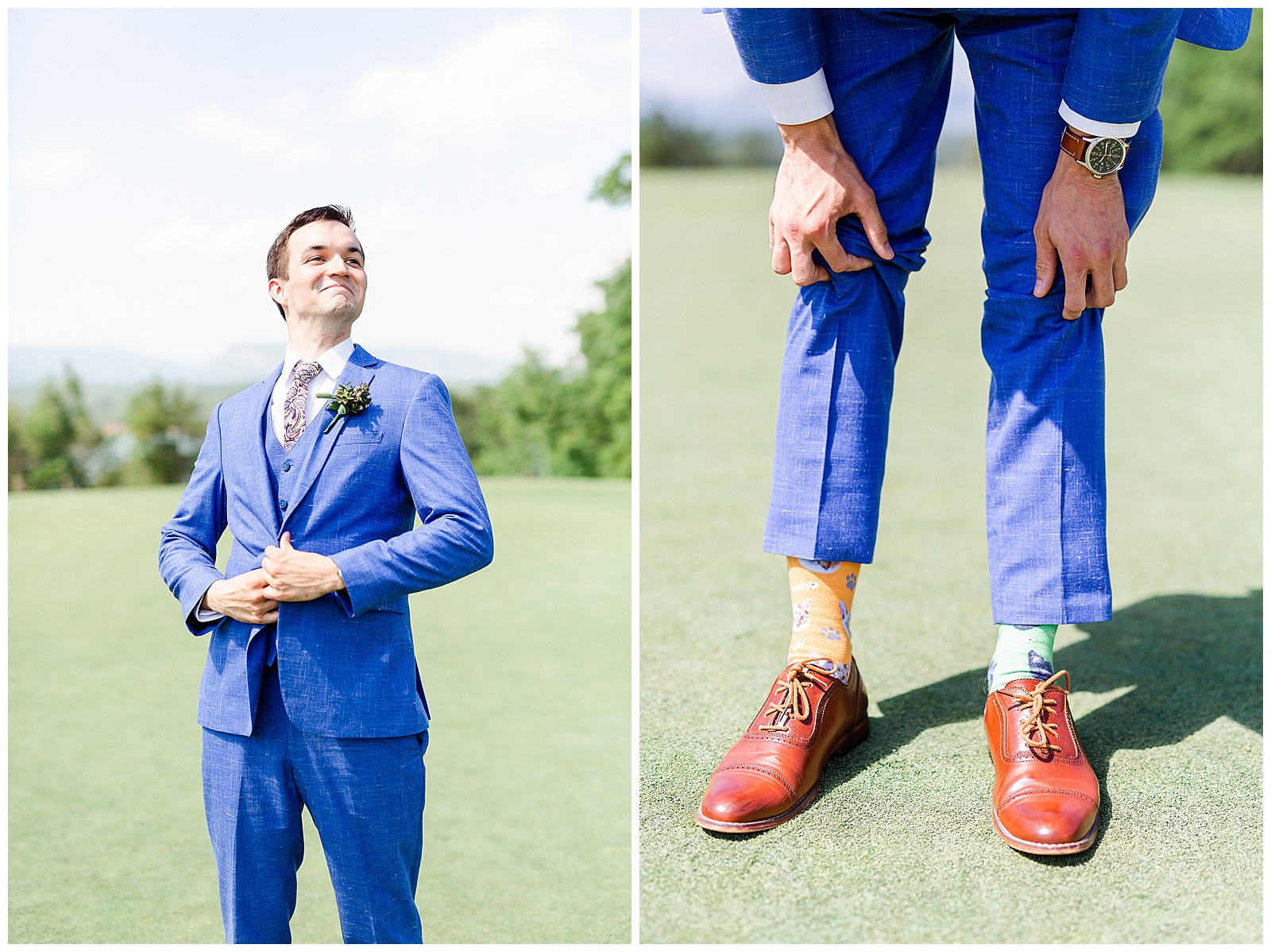 Blue Themed Suit and funny mismatched socks from Groom Portraits at Outdoorsy Summer Wedding at North Carolina Lakehouse in the Mountains | check out the full wedding at KevynDixonPhoto.com