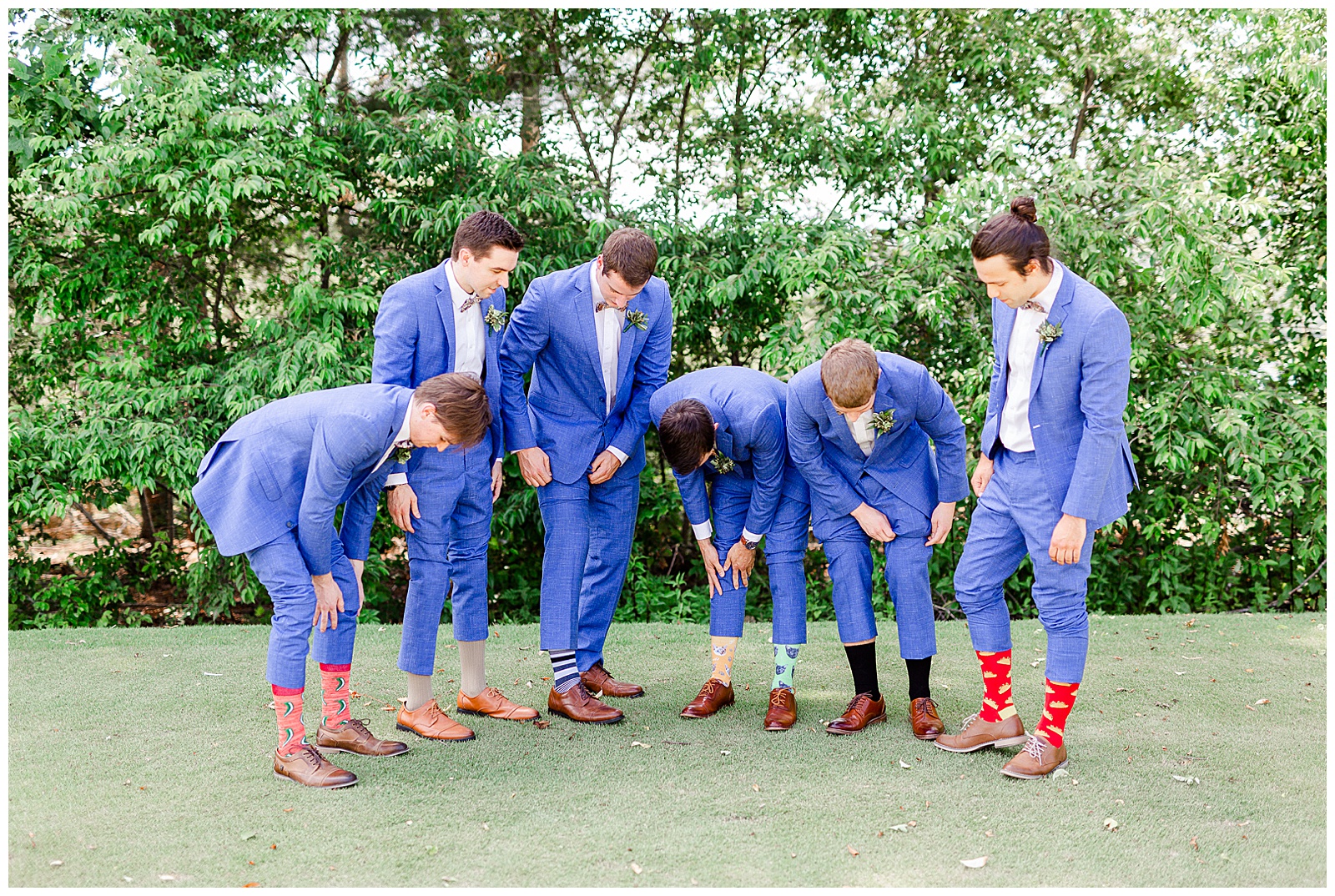 Blue Themed Suit and funny mismatched socks from Groom Portraits at Outdoorsy Summer Wedding at North Carolina Lakehouse in the Mountains | check out the full wedding at KevynDixonPhoto.com