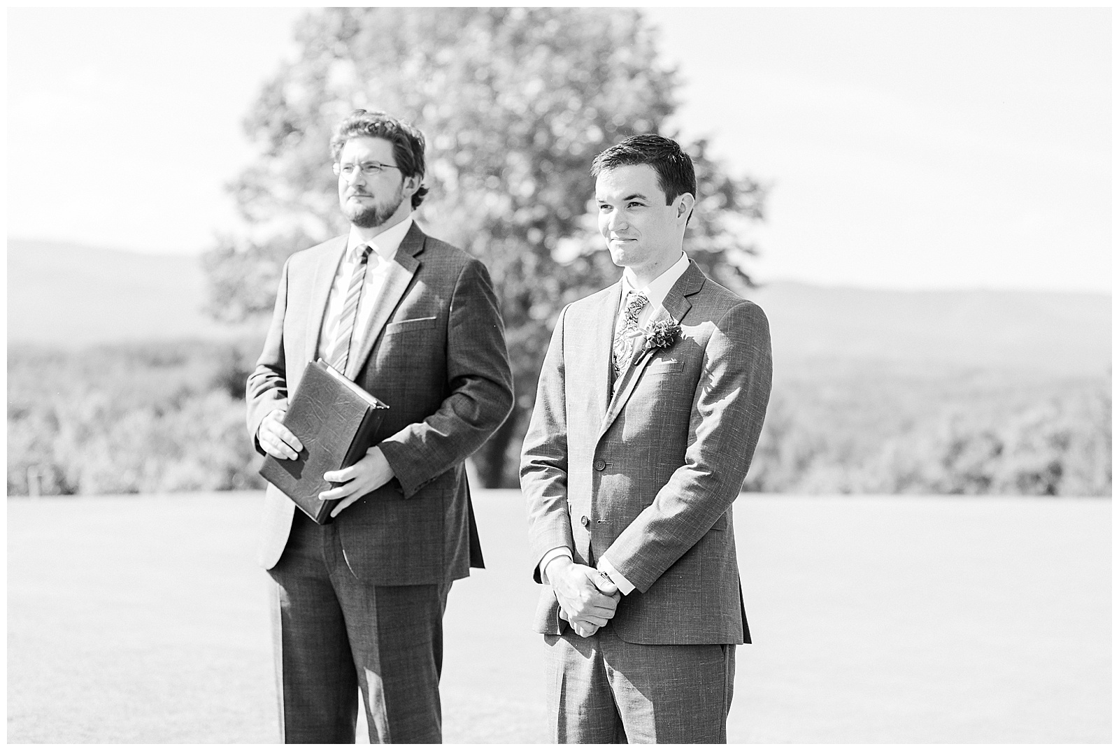 Groom first look at wedding ceremony from Outdoorsy Summer Wedding at North Carolina Lakehouse in the Mountains | check out the full wedding at KevynDixonPhoto.com