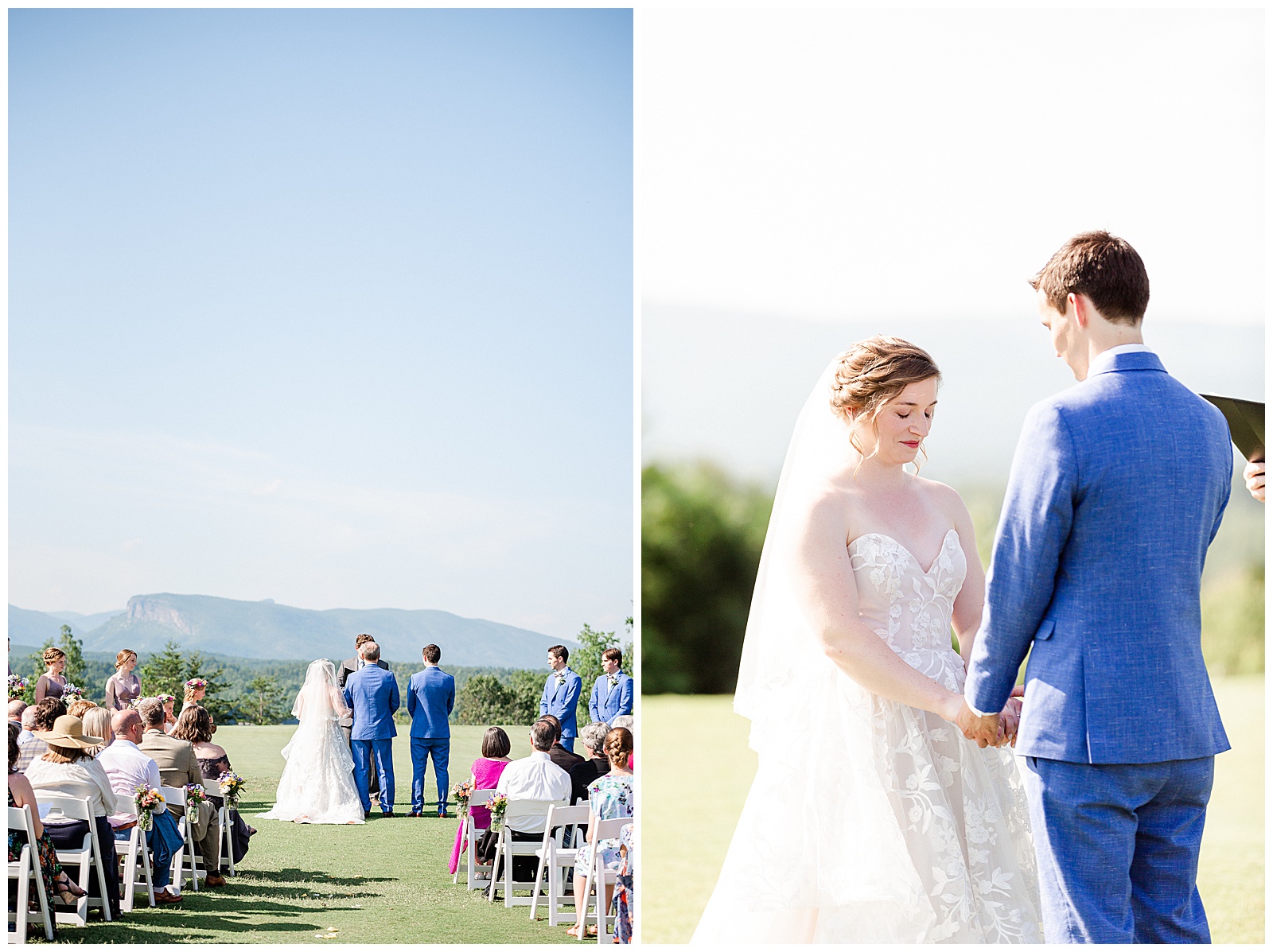Bride and groom special moment during ceremony in Outdoorsy Summer Wedding at North Carolina Lakehouse in the Mountains | check out the full wedding at KevynDixonPhoto.com