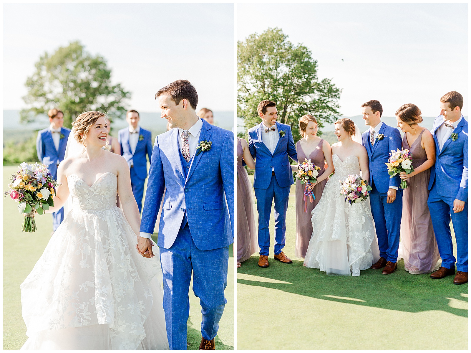 Lavender Purple Bridesmaid Dresses and Sailor Blue Groomsmen Suits color themed wedding group photo from Outdoorsy Summer Wedding at North Carolina Lakehouse in the Mountains | check out the full wedding at KevynDixonPhoto.com