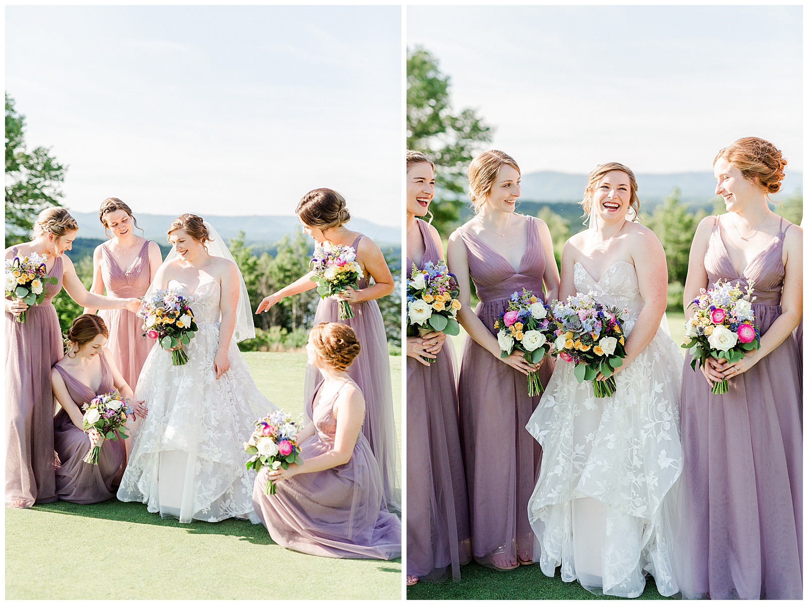 Lavender Purple Bridesmaid Dresses color themed wedding group photo from Outdoorsy Summer Wedding at North Carolina Lakehouse in the Mountains | check out the full wedding at KevynDixonPhoto.com