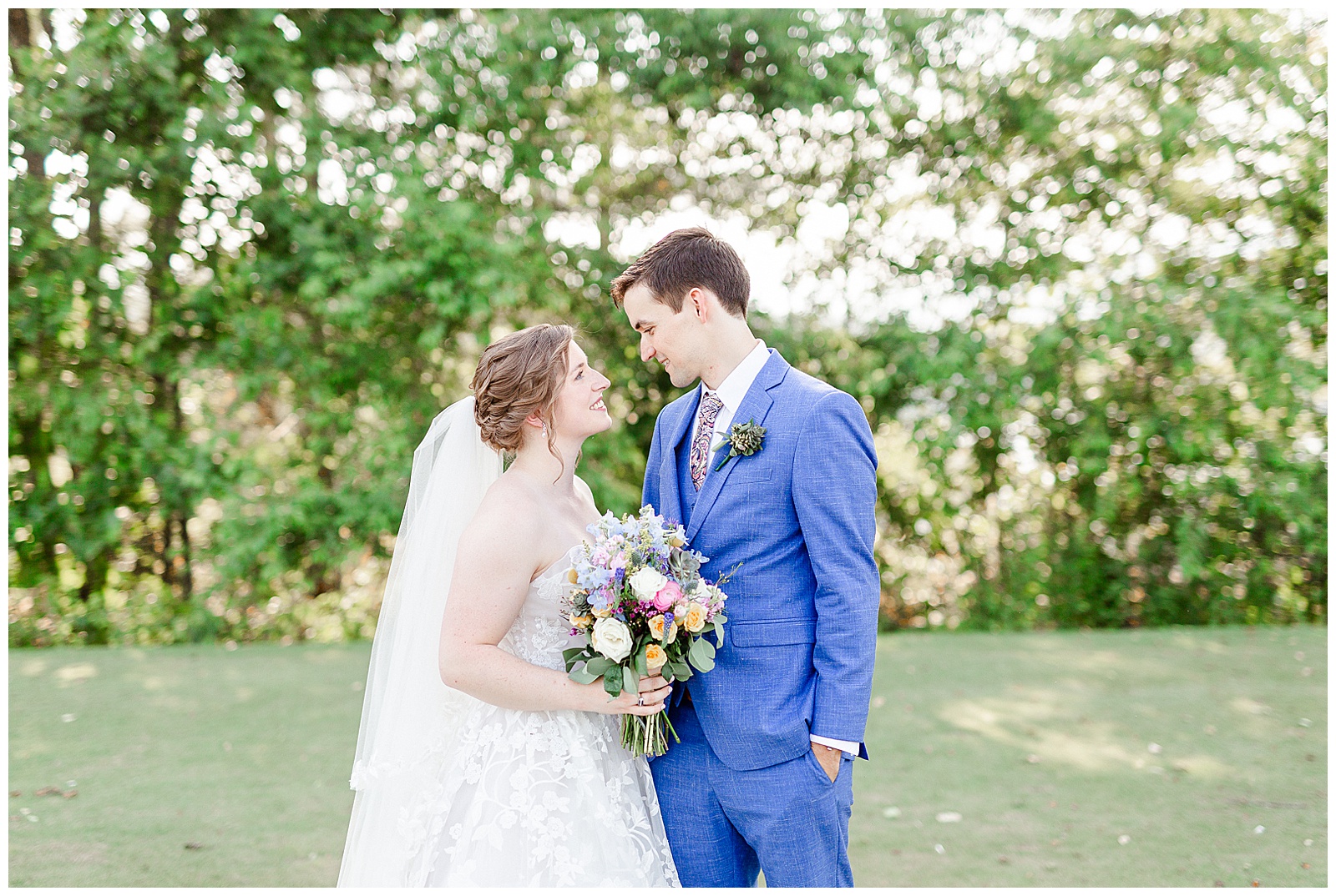 Gorgeous golden hour outdoor photos of Bride and Groom from Outdoorsy Summer Wedding at North Carolina Lakehouse | check out the full wedding at KevynDixonPhoto.com