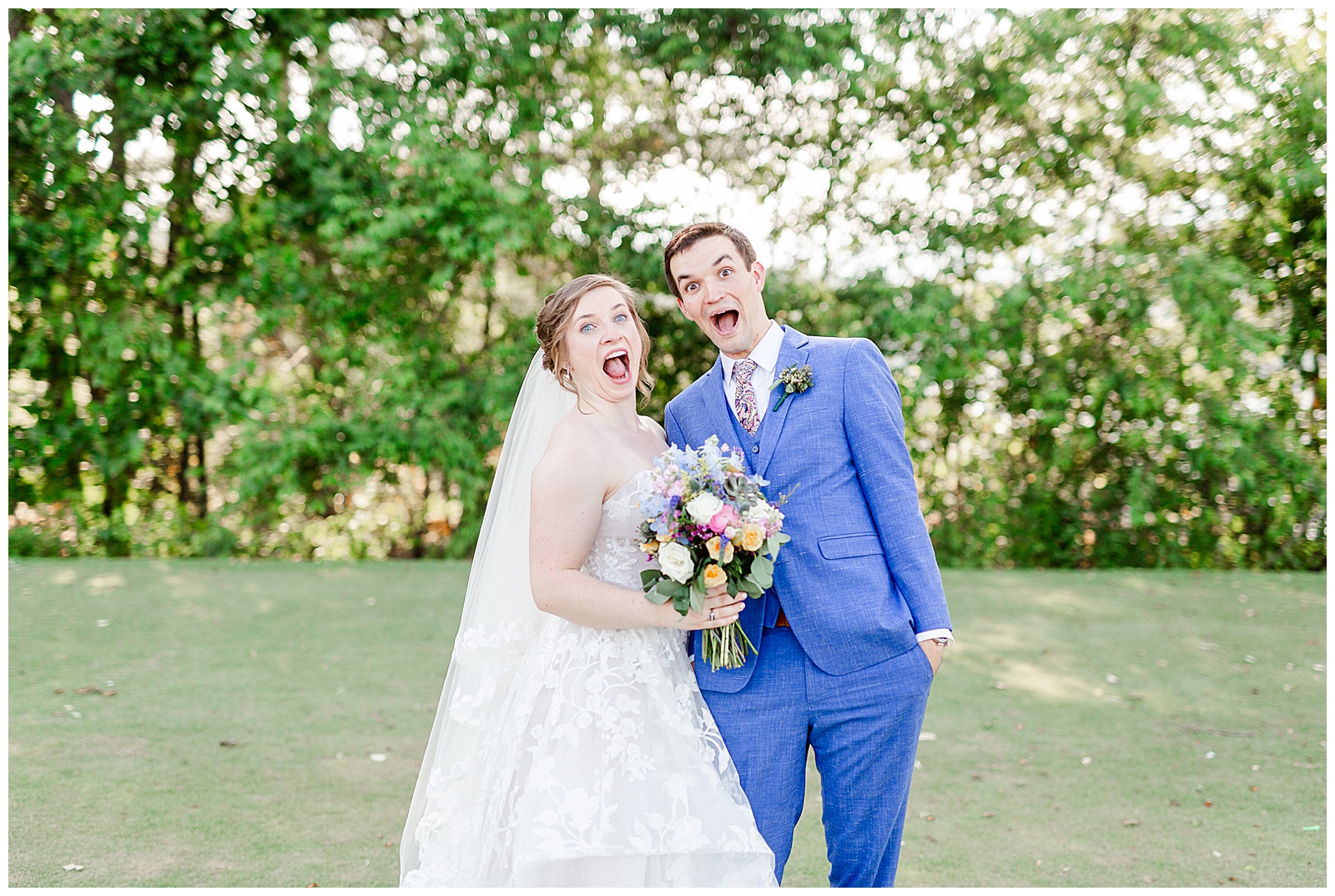 Goofy golden hour outdoor photos of Bride and Groom from Outdoorsy Summer Wedding at North Carolina Lakehouse | check out the full wedding at KevynDixonPhoto.com