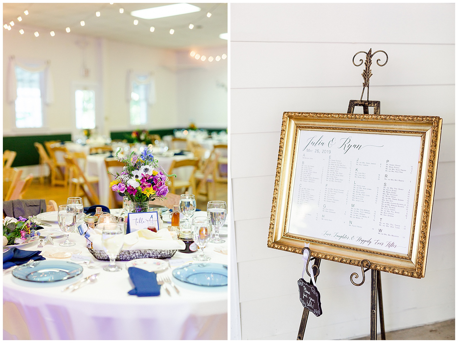 Blue Themed Seating Chart and Table Setting and Fine China from Outdoorsy Summer Wedding at North Carolina Lakehouse in the Mountains | check out the full wedding at KevynDixonPhoto.com